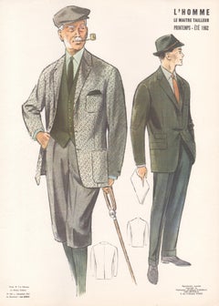 French Mid-Century 1960s Mens Fashion Design Vintage Suit Lithograph Print
