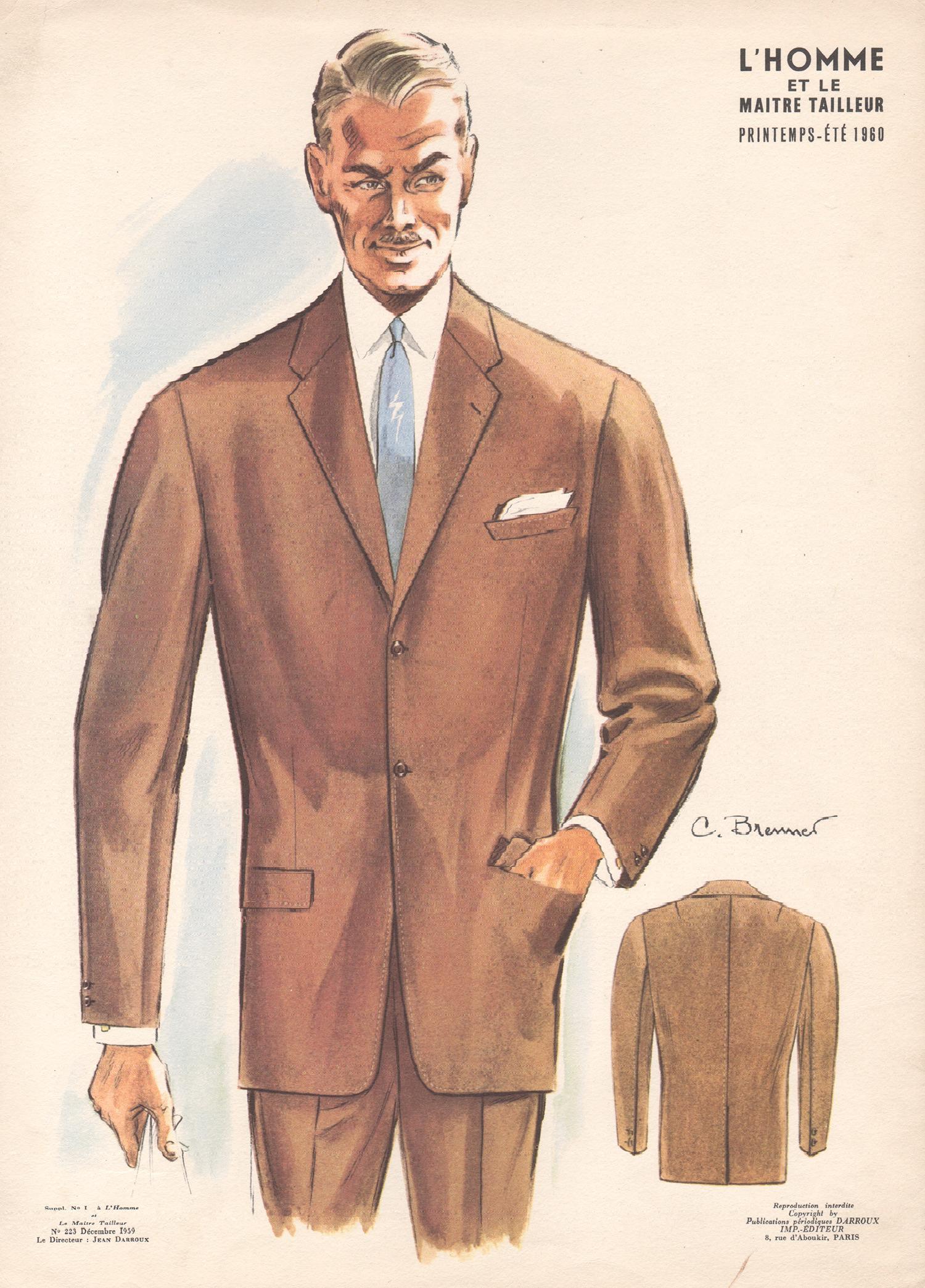 Jean Darroux - French Mid-Century 1960s Mens Fashion Design Vintage Suit  Lithograph Print For Sale at 1stDibs
