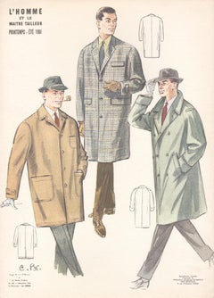 French Mid-Century 1960s Mens Fashion Design Retro Suit Lithograph Print