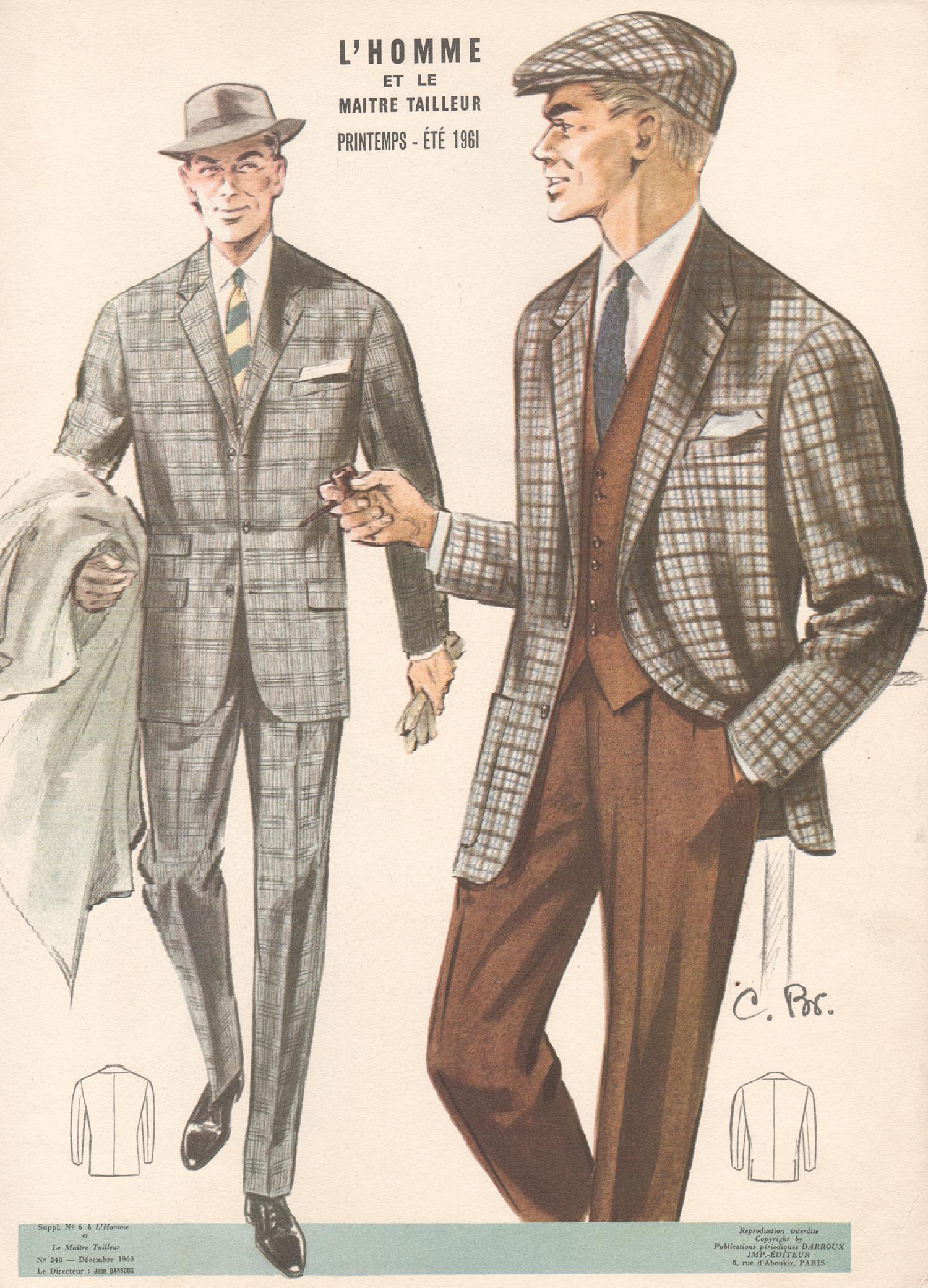 French Mid-Century 1960s Mens Fashion Design Vintage Suit Lithograph Print