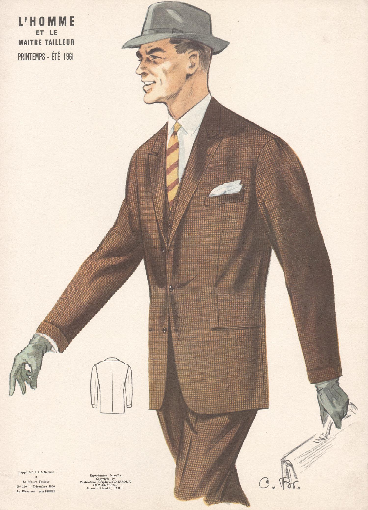Jean Darroux  Figurative Print - French Mid-Century 1960s Mens Fashion Design Vintage Suit Lithograph Print