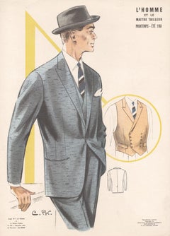 French Mid-Century 1960s Mens Fashion Design Vintage Suit Lithograph Print