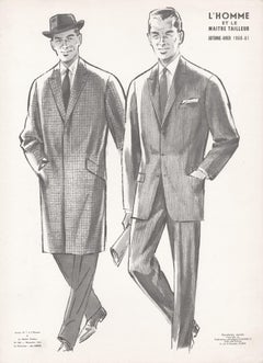 French Mid-Century 1960s Men's Fashion Design Vintage Suit Lithograph Print