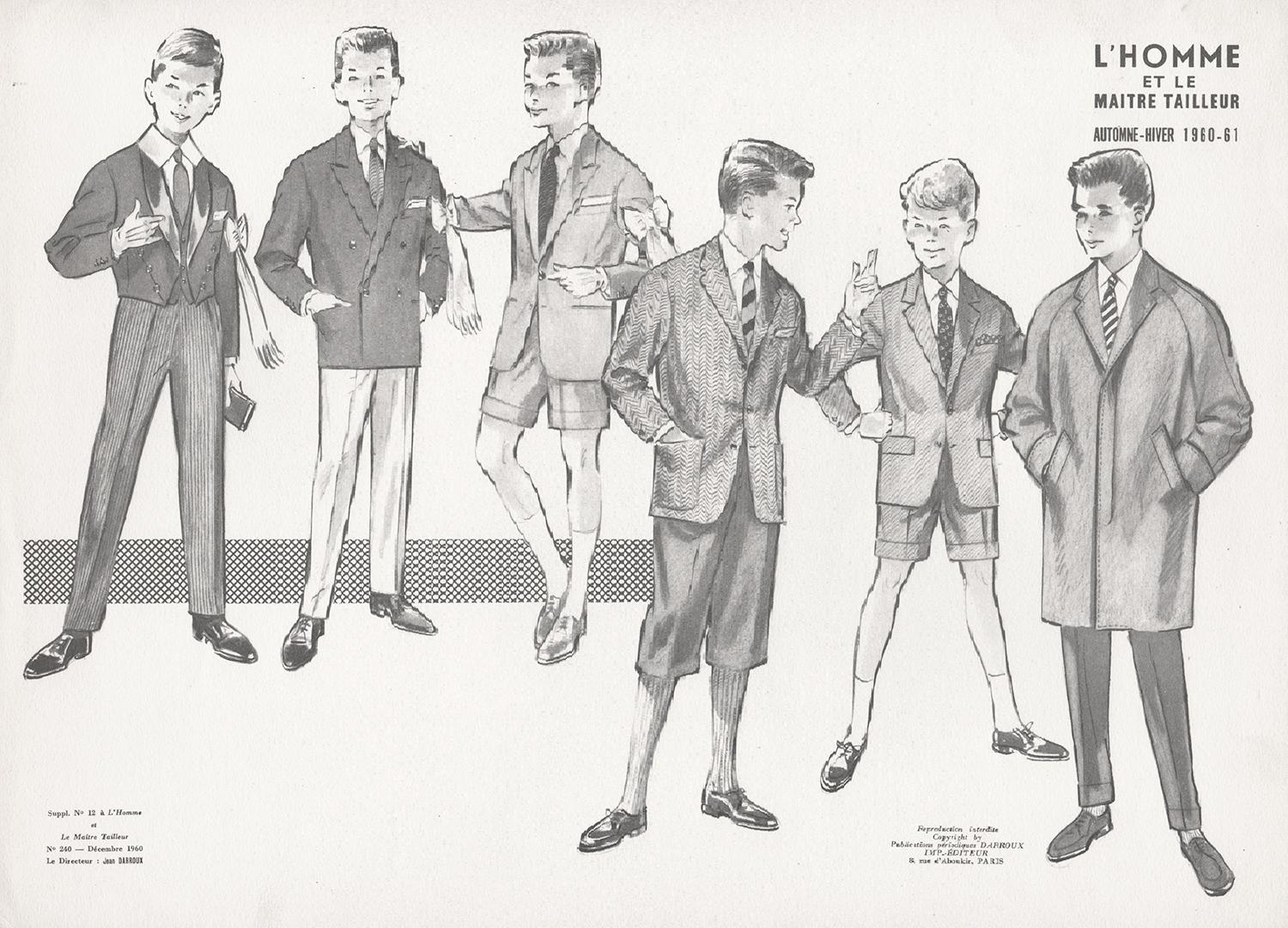 Jean Darroux - French Mid-Century 1960s Schoolboys Fashion Design Vintage  Suit Lithograph Print For Sale at 1stDibs
