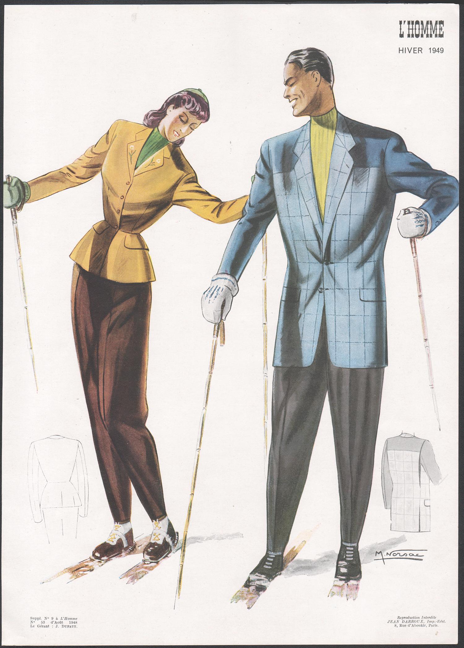 Stampa litografica francese Mid-Century Winter 1949 Fashion Design Skiing Skiers - Print di Jean Darroux 