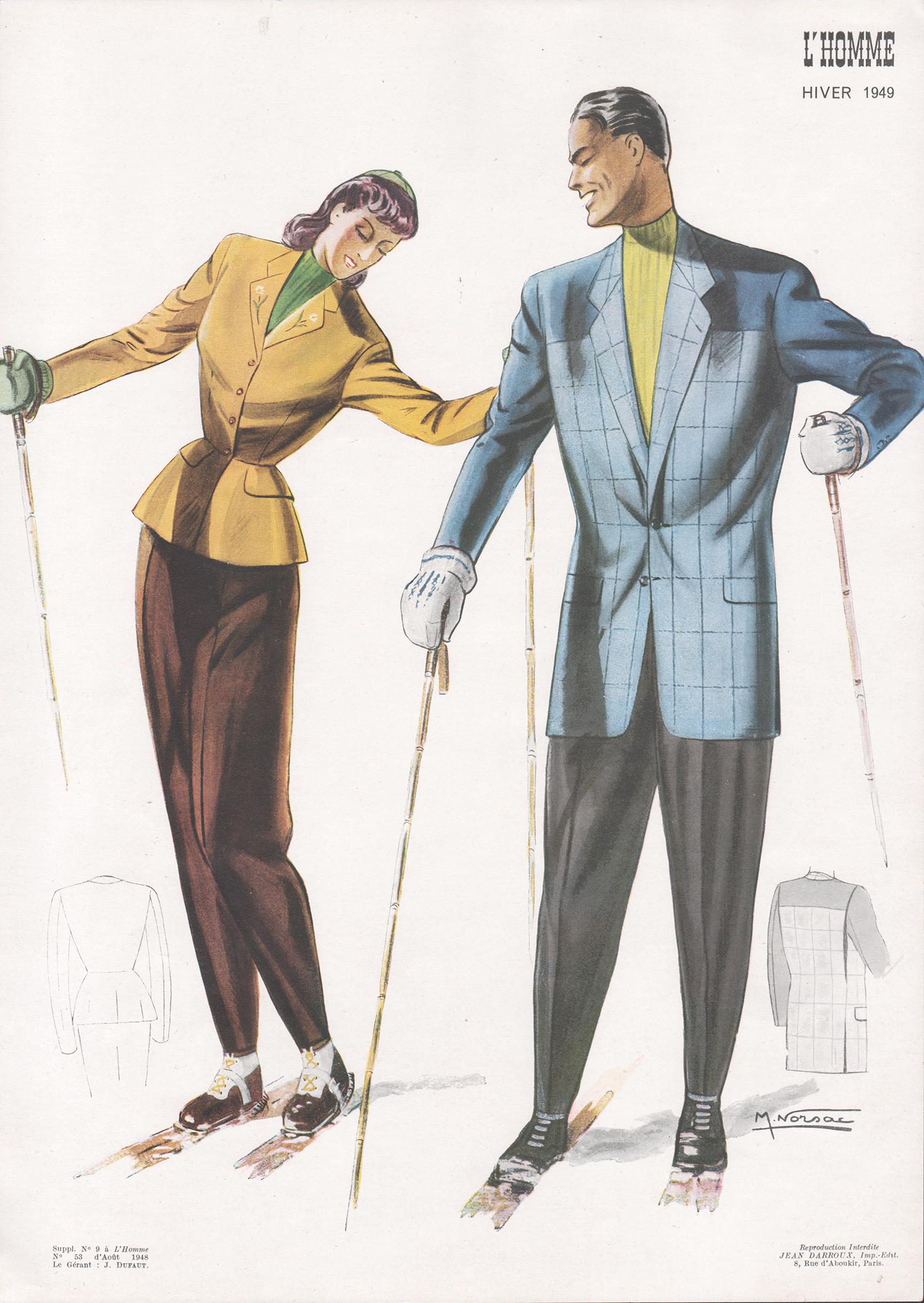 Französisch Mitte des Jahrhunderts Winter 1949 Mode Design Skifahren Skifahrer Lithographie Druck
