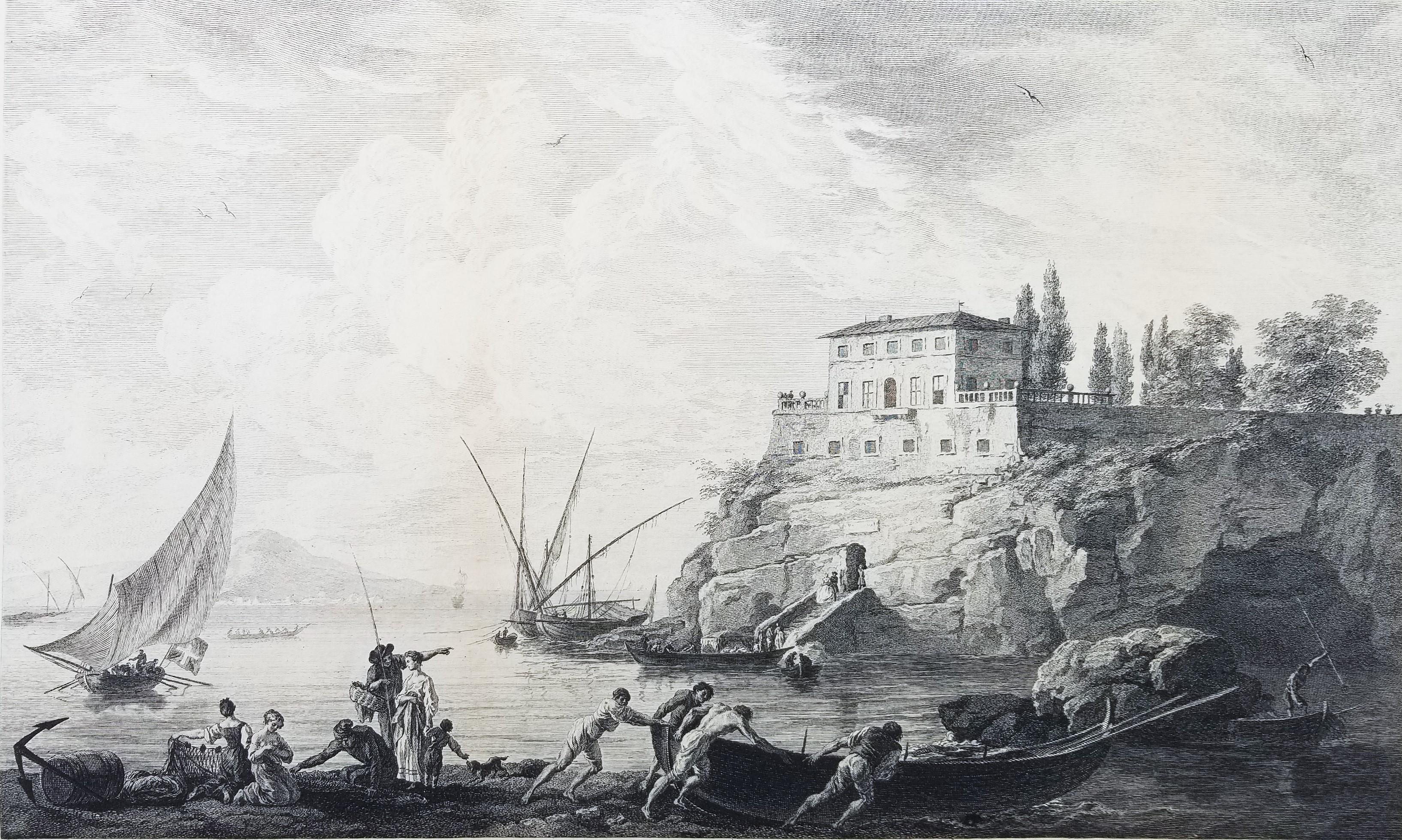 Landscape Print di Jean Daullé - Départ Pour La Pêche (Maison de Campagne des Environs de Naples) /// Antichi maestri