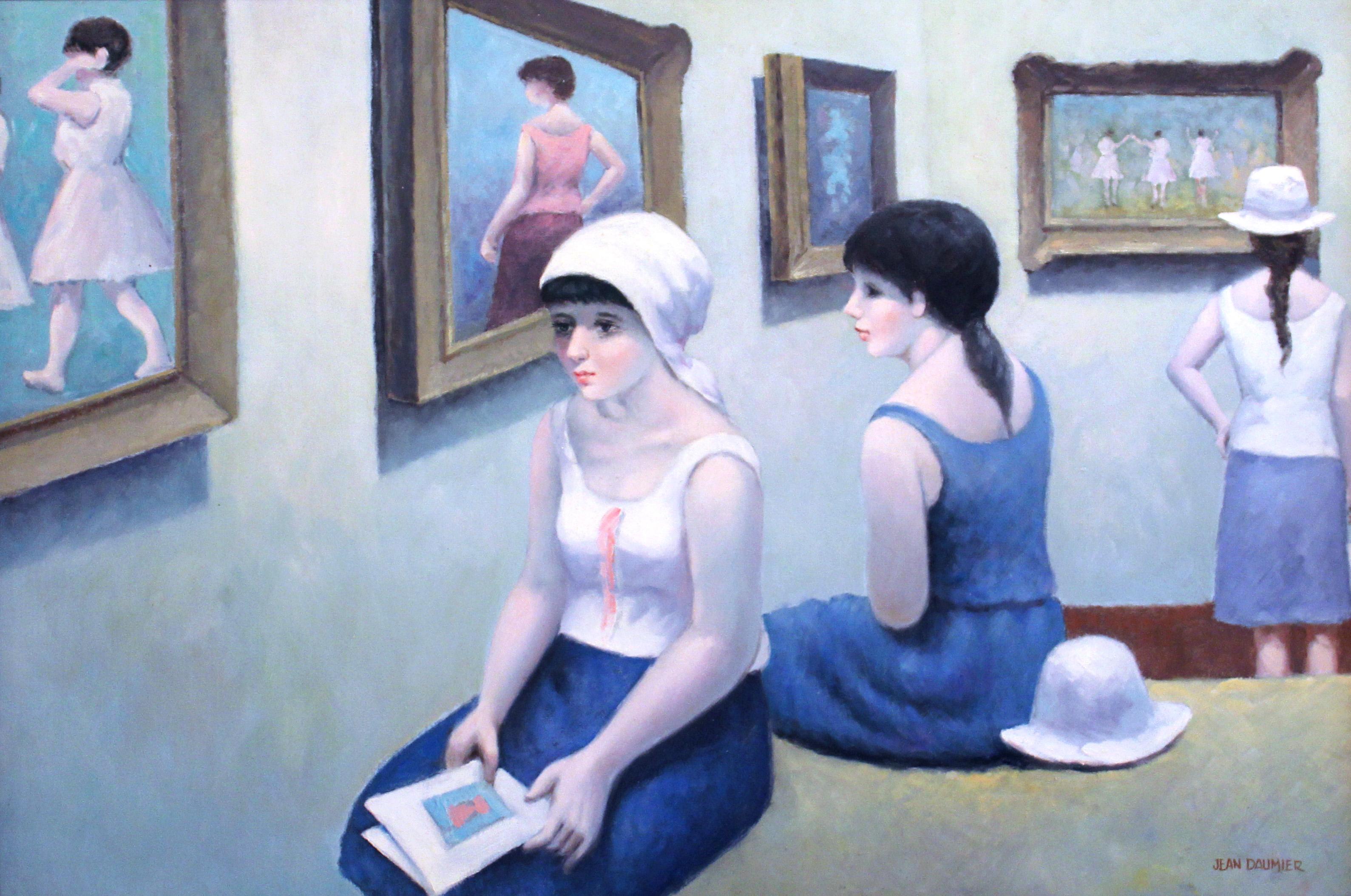 Daumier French Impressionist Museum Interior Women encadré couleurs froides bleu rose - Painting de Jean Daumier