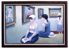 Retro Daumier French Impressionist Museum Interior Women Framed Cool Colors Blue Pink