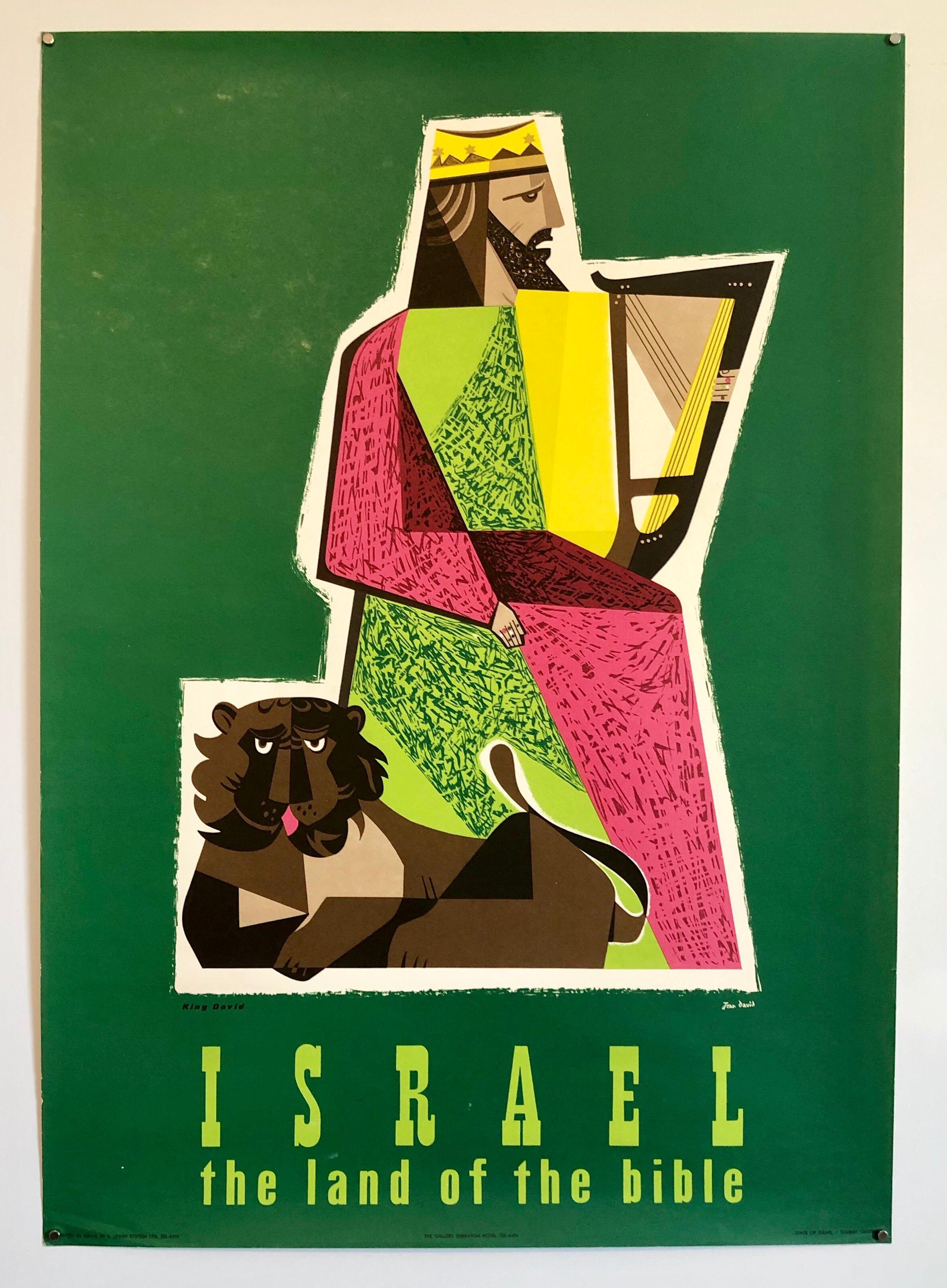 1950s Vintage Travel Poster Israeli Tourist Center Modernist KIng David and Lion 3
