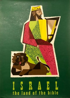 1950s Vintage Travel Poster Israeli Tourist Center Modernist KIng David and Lion