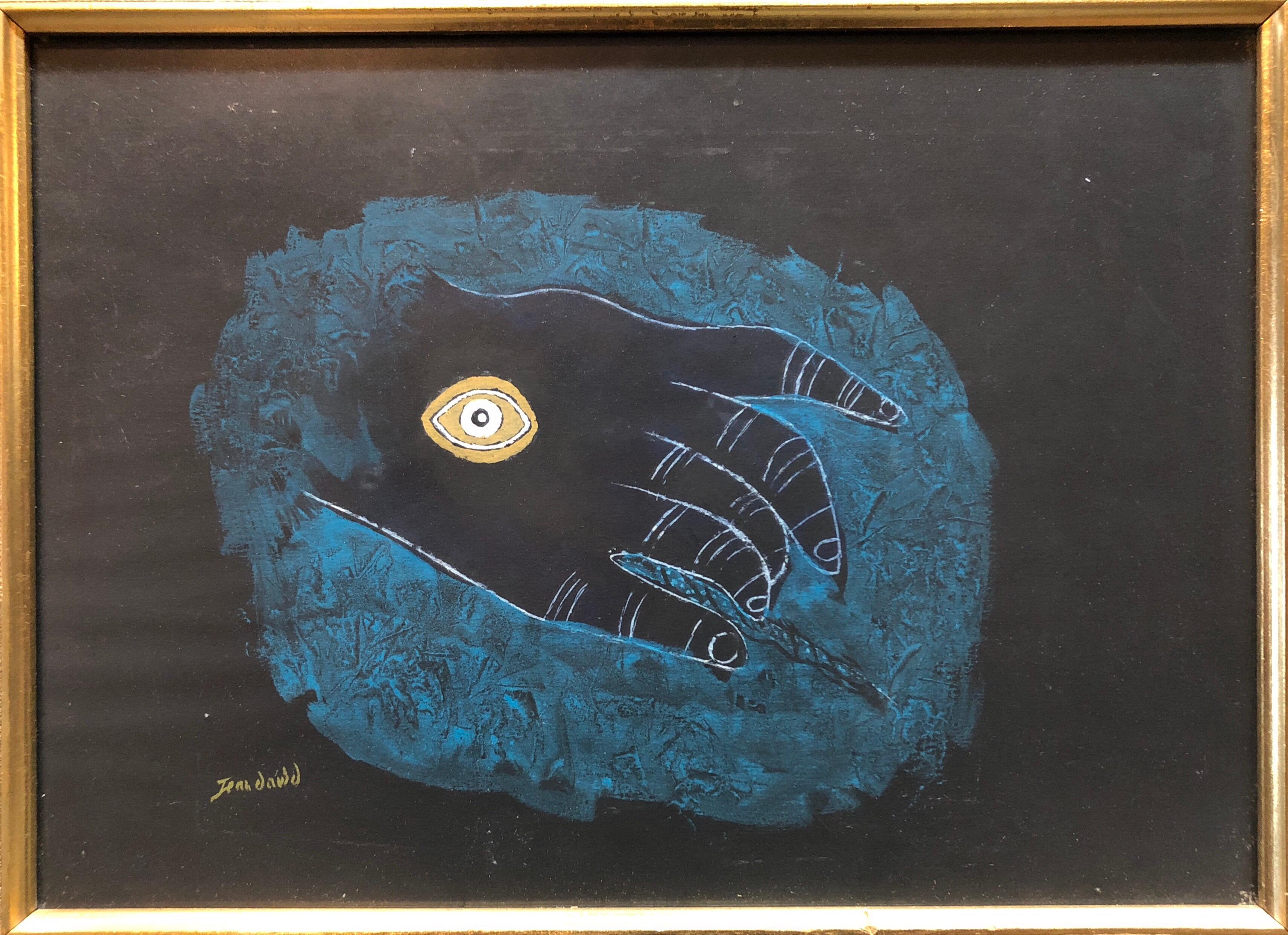 Jean David Figurative Painting - Israeli Modernist Gouache Painting Dada Surrealist Hand and Eye Charms