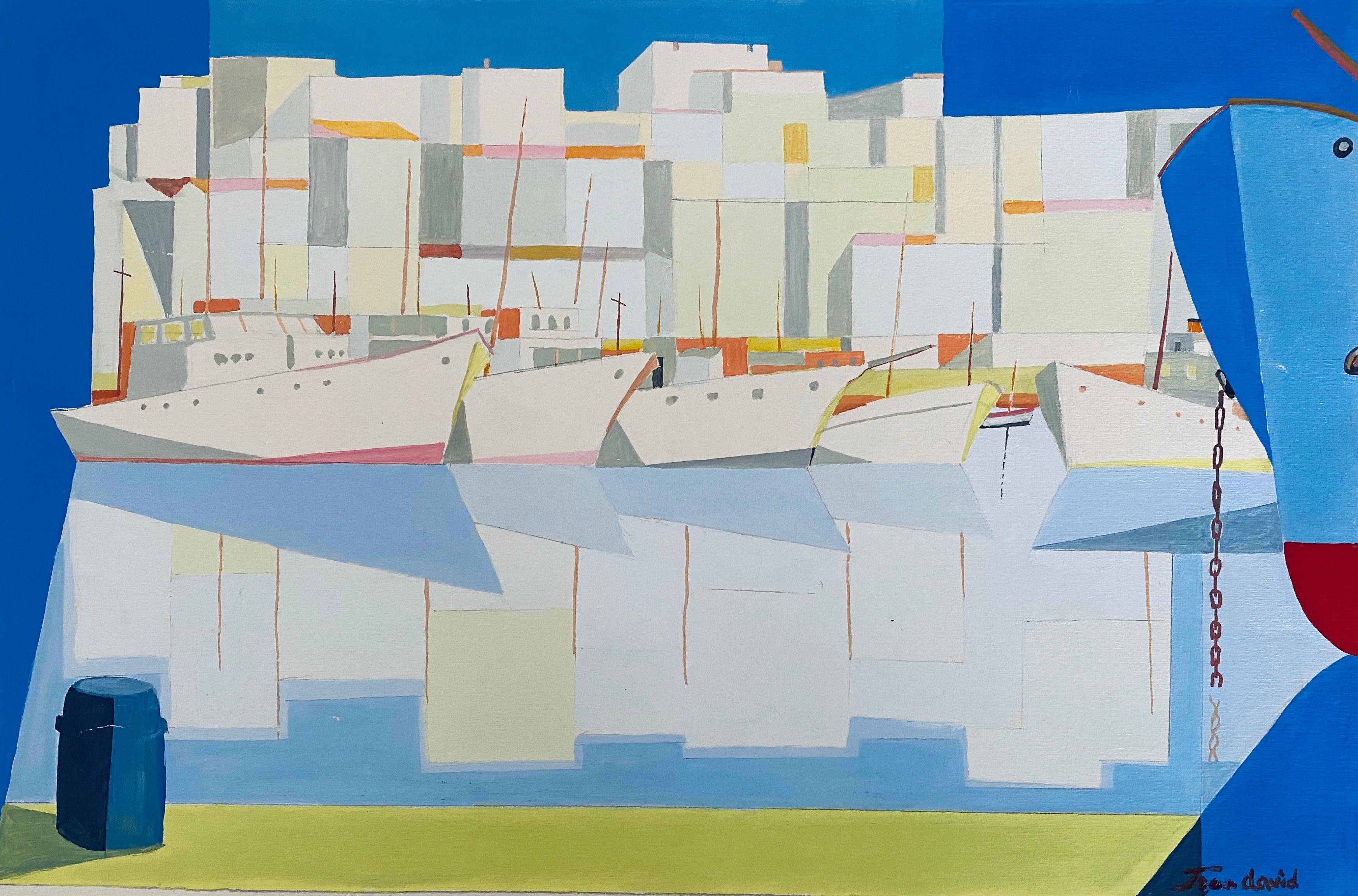 Rumänische modernistische Gouache-Malerei von Gebäuden und Booten - Jean David  im Angebot 1