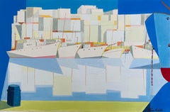 Pintura modernista rumana al gouache de edificios y barcos - Jean David