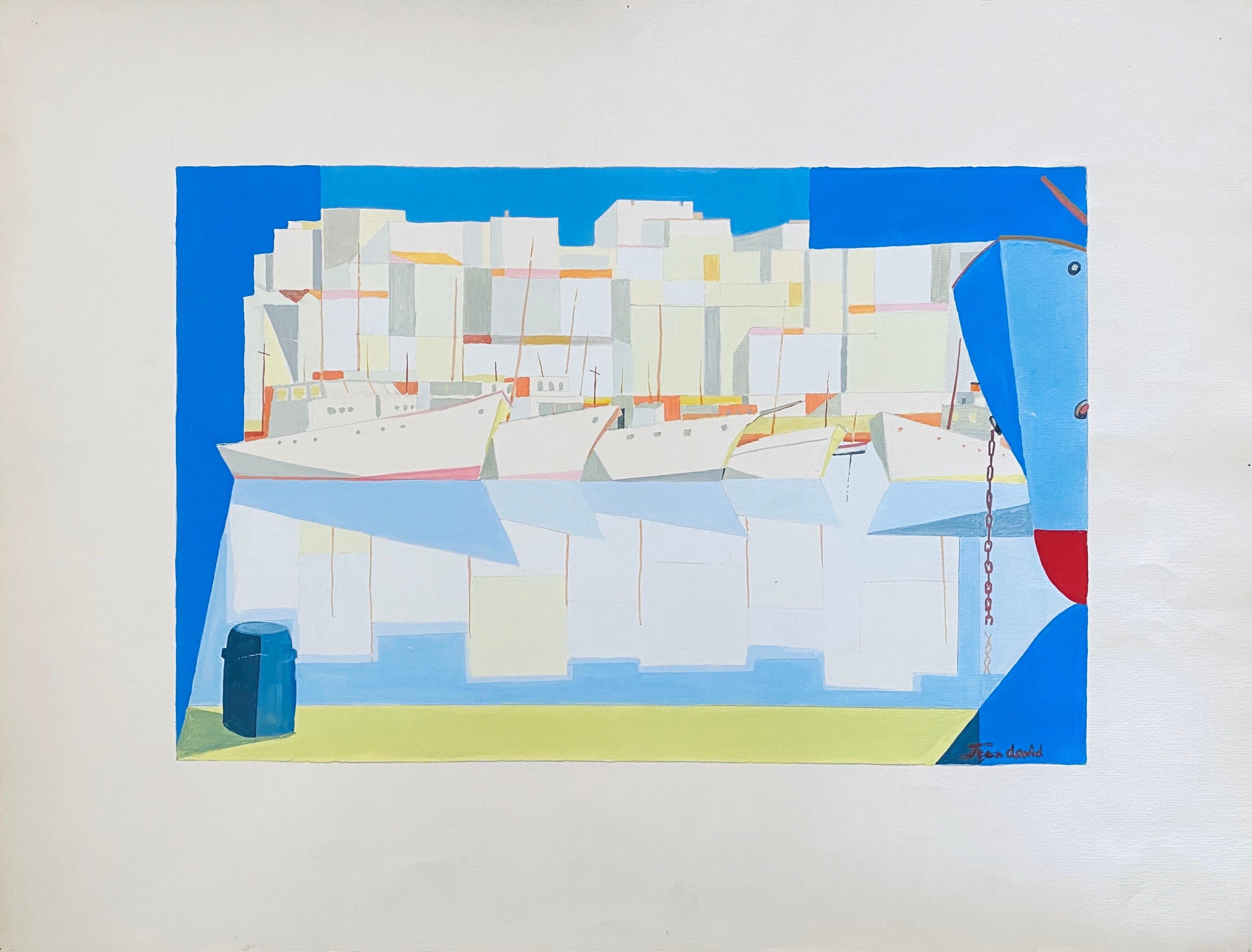Quadro a guazzo modernista rumeno di edifici e barche - A. David - Painting Moderno di Jean David
