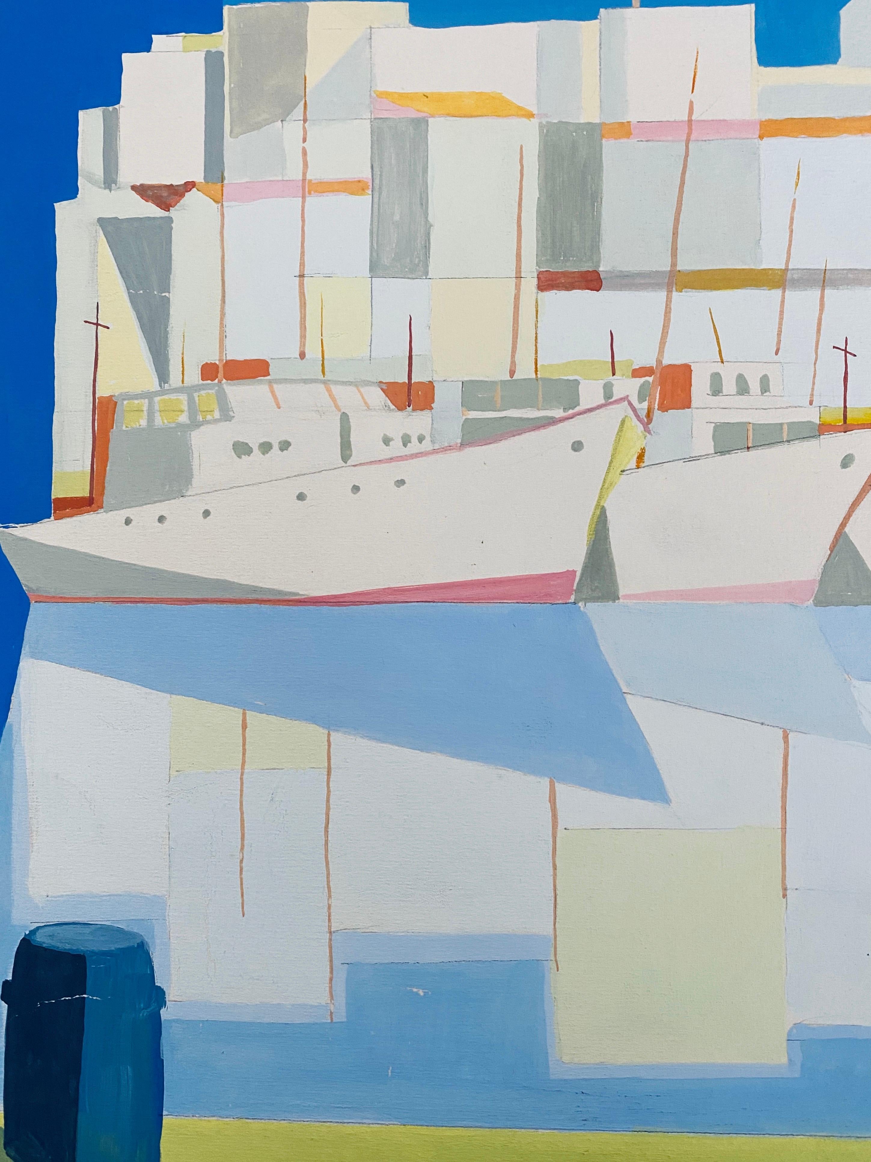 Rumänische modernistische Gouache-Malerei von Gebäuden und Booten - Jean David  im Angebot 3