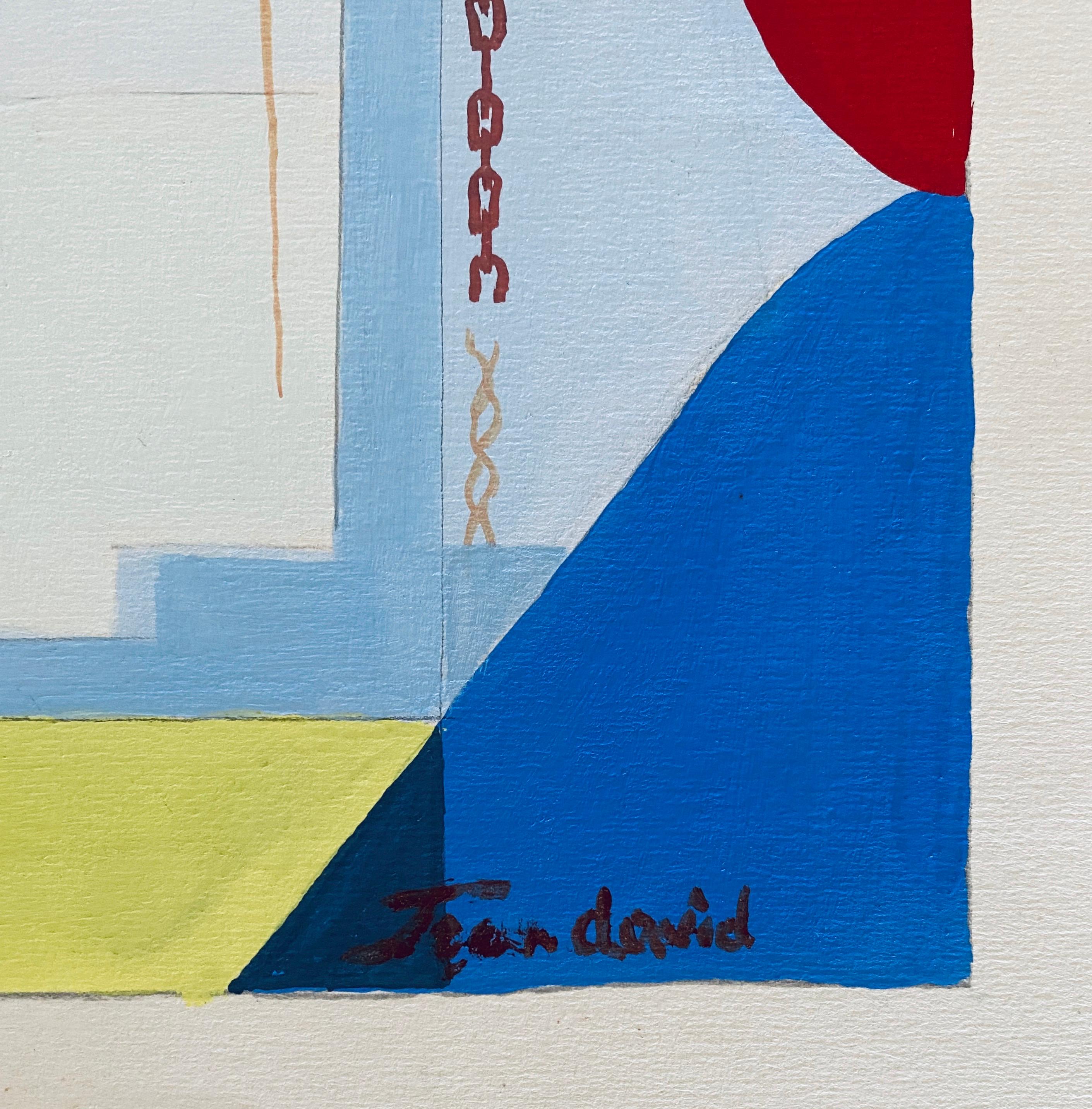Quadro a guazzo modernista rumeno di edifici e barche - A. David in vendita 1