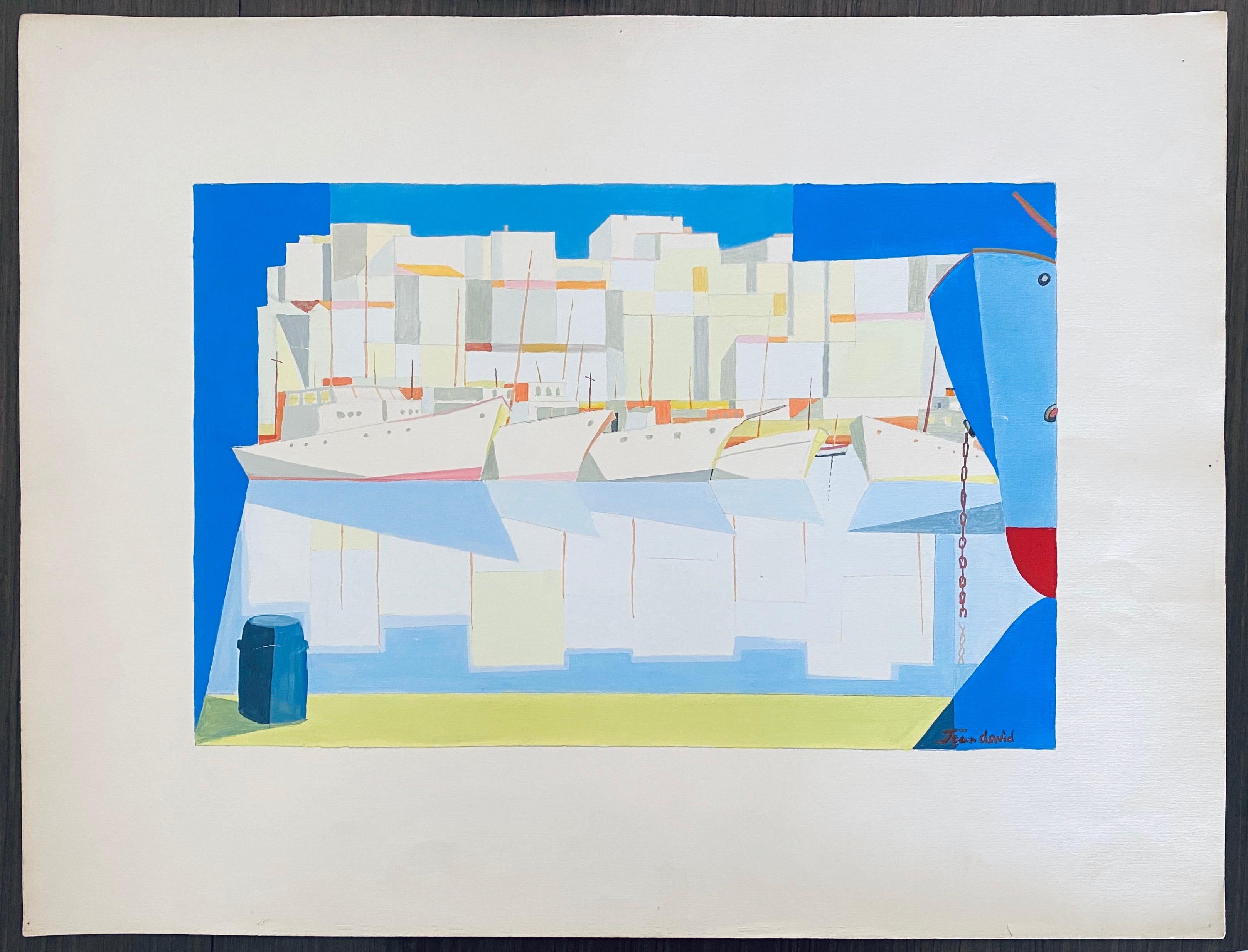 Quadro a guazzo modernista rumeno di edifici e barche - A. David in vendita 3