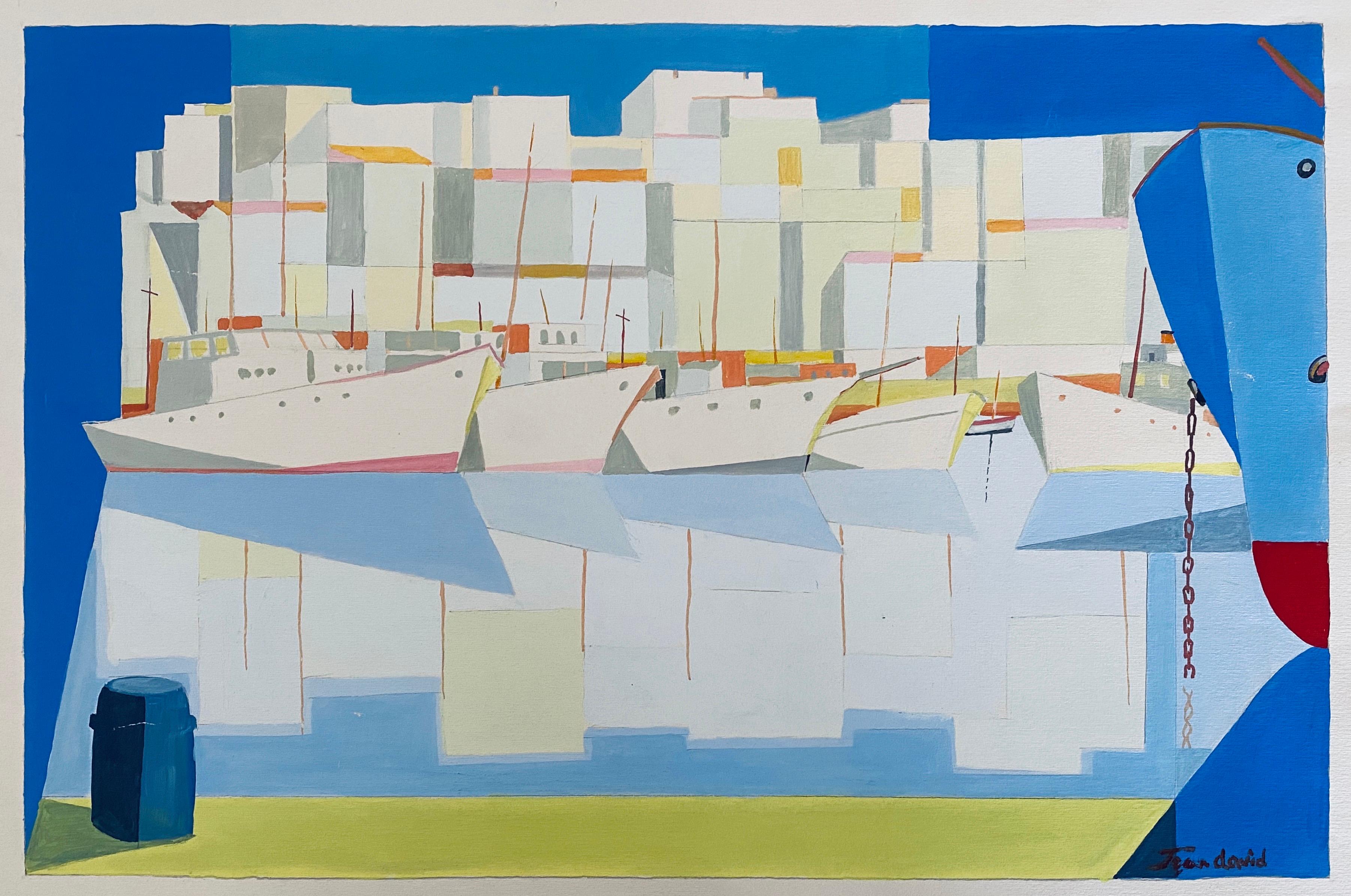 Peinture moderniste roumaine à la gouache représentant des bâtiments et des bateaux - Jean David 