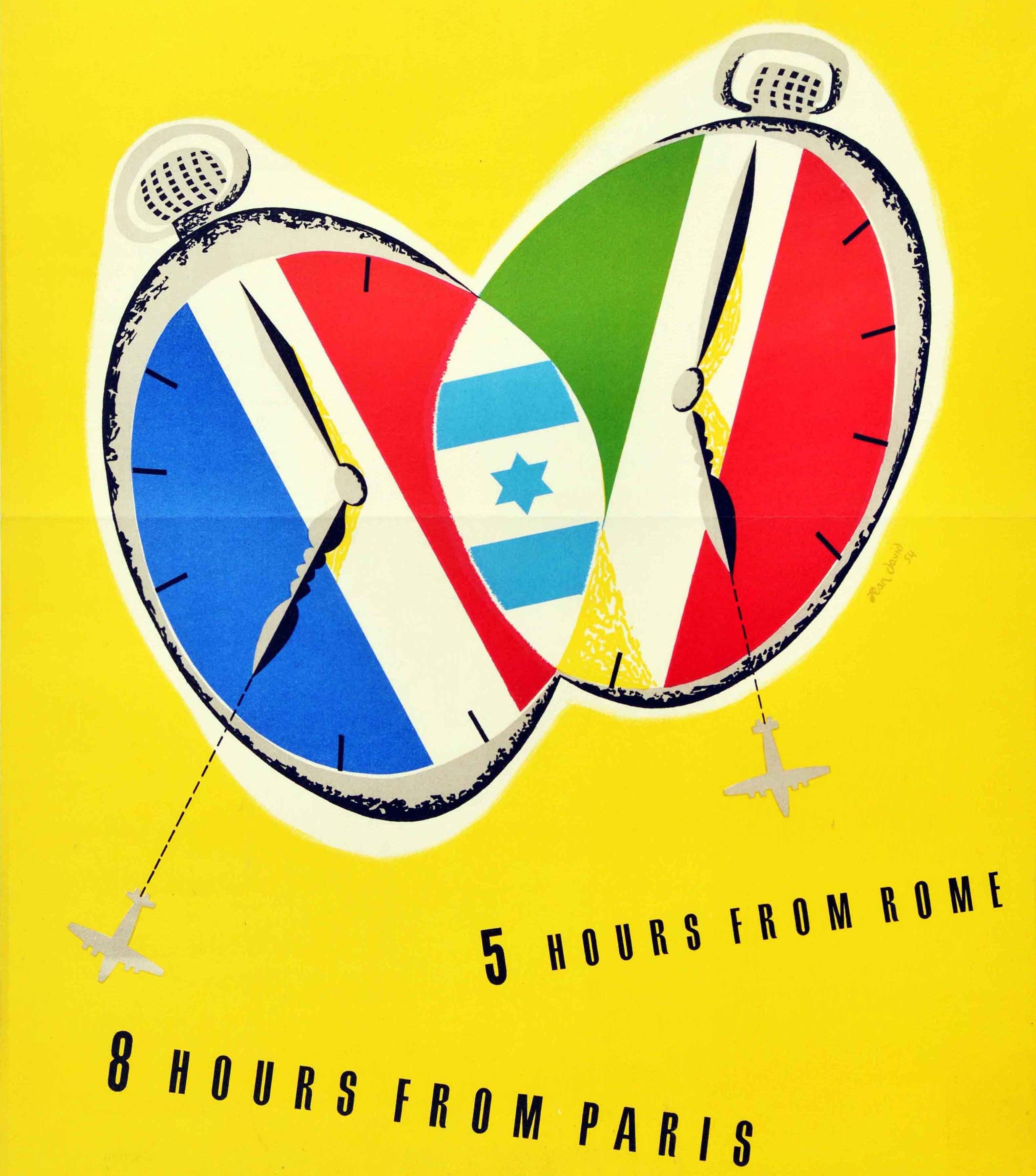 Original Vintage Travel Poster Fly To Israel From Rome Paris MidCentury Design - Yellow Print by Jean David