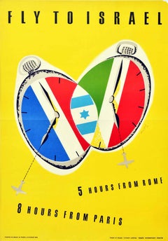 Original Vintage Travel Poster Fly To Israel From Rome Paris MidCentury Design