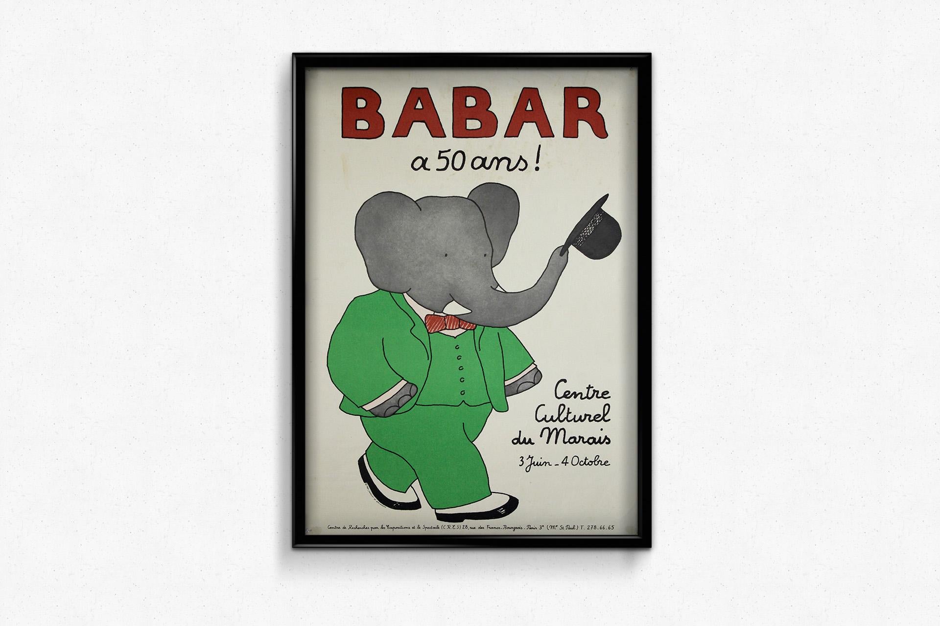 The 1981 original poster by Jean De Brunhoff, titled Babar a 50 ans!, commemorates the 50th anniversary of Babar, one of the most beloved characters in children's literature. This poster was created for an exhibition held at the Centre Culturel du