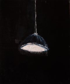 Oil on canvas painting of a blue lampshade on black background 'Lambade in blue'