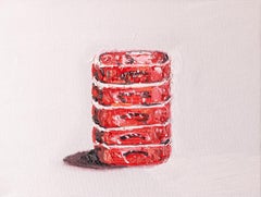 Oil on canvas painting of a series of sardine cans,  by Jean De Groote