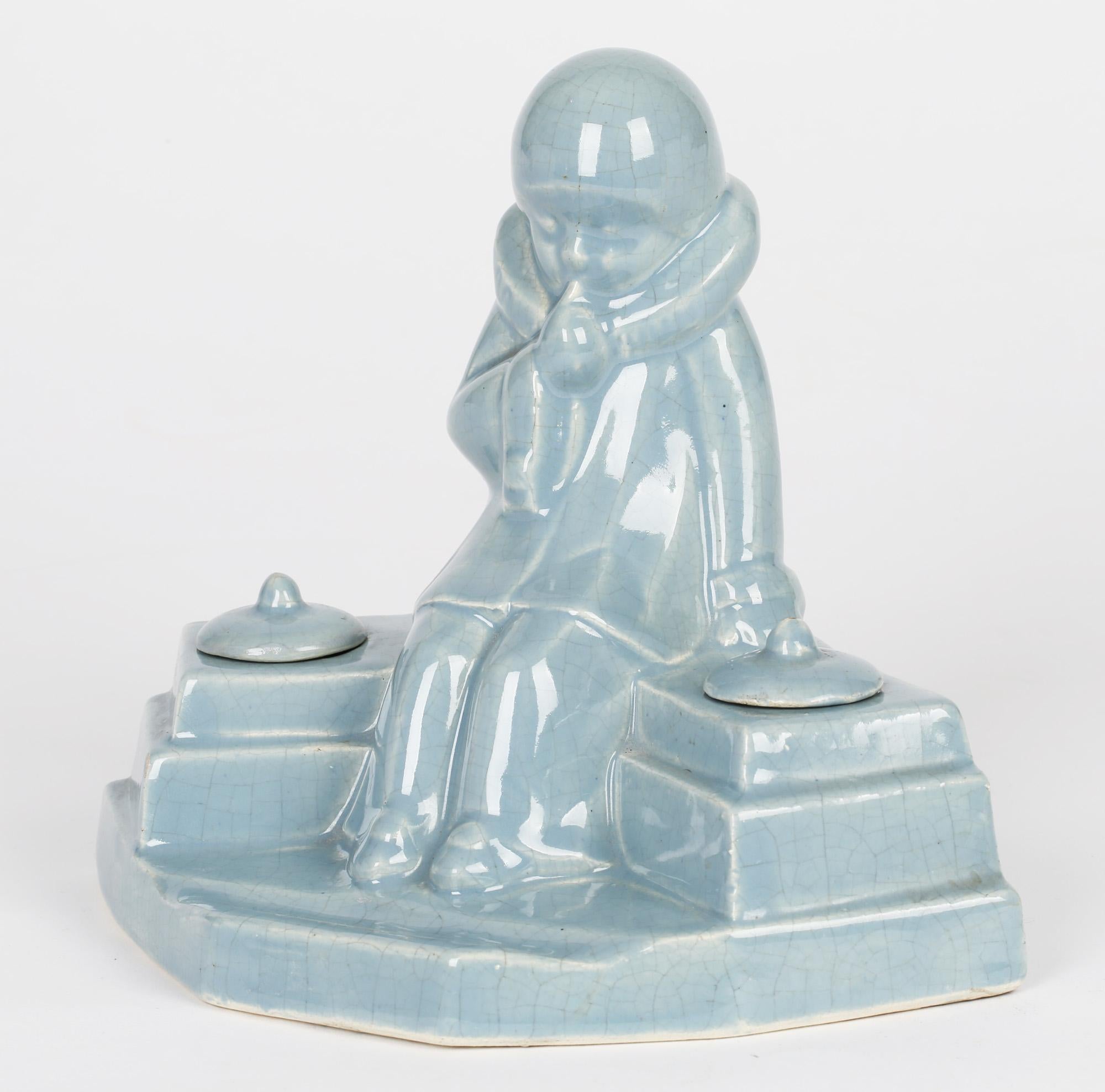 Jean de la Fontinelle French Art Deco Pottery Figural Ink Stand For Sale 8