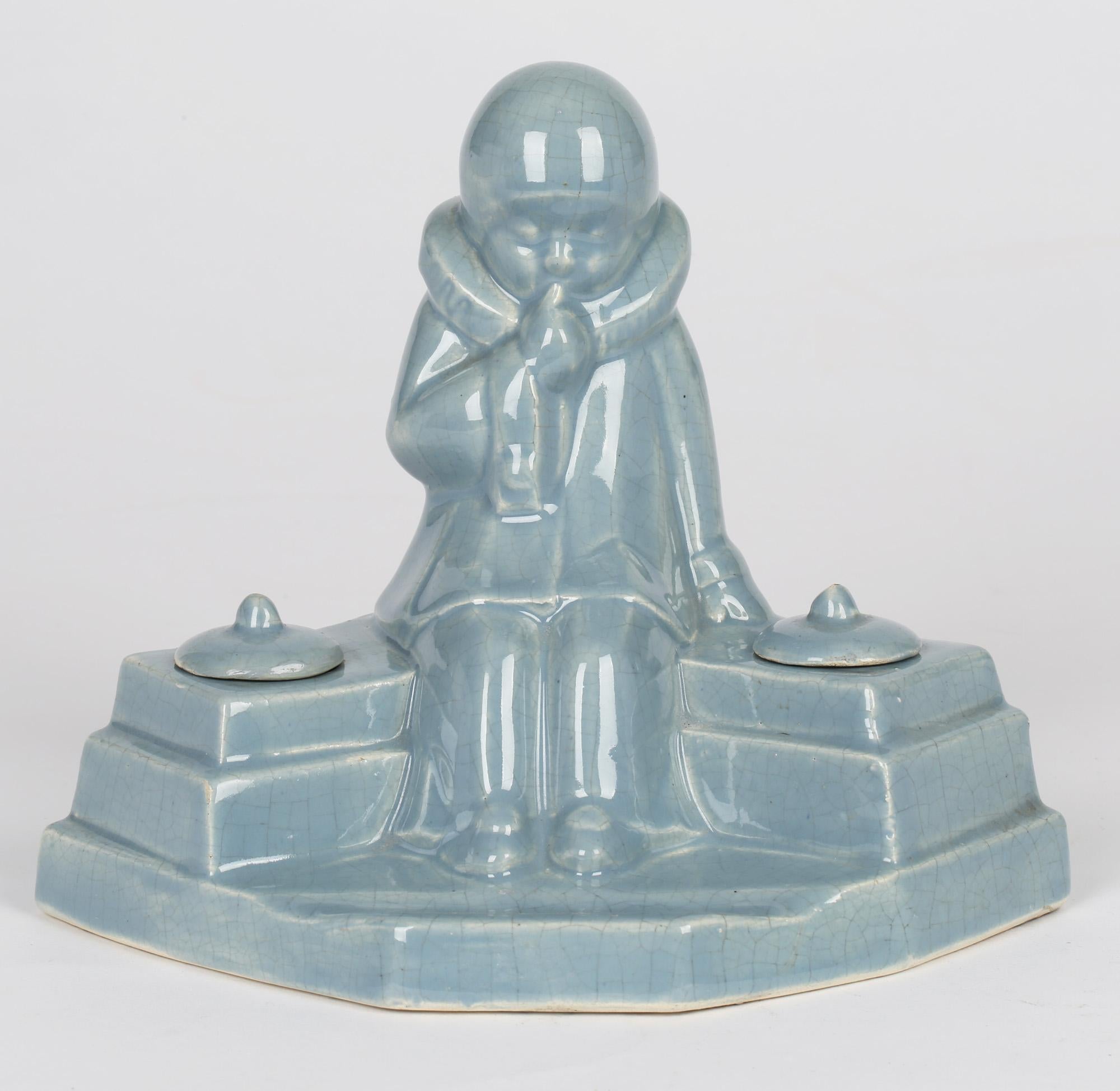 Jean de la Fontinelle French Art Deco Pottery Figural Ink Stand For Sale 3