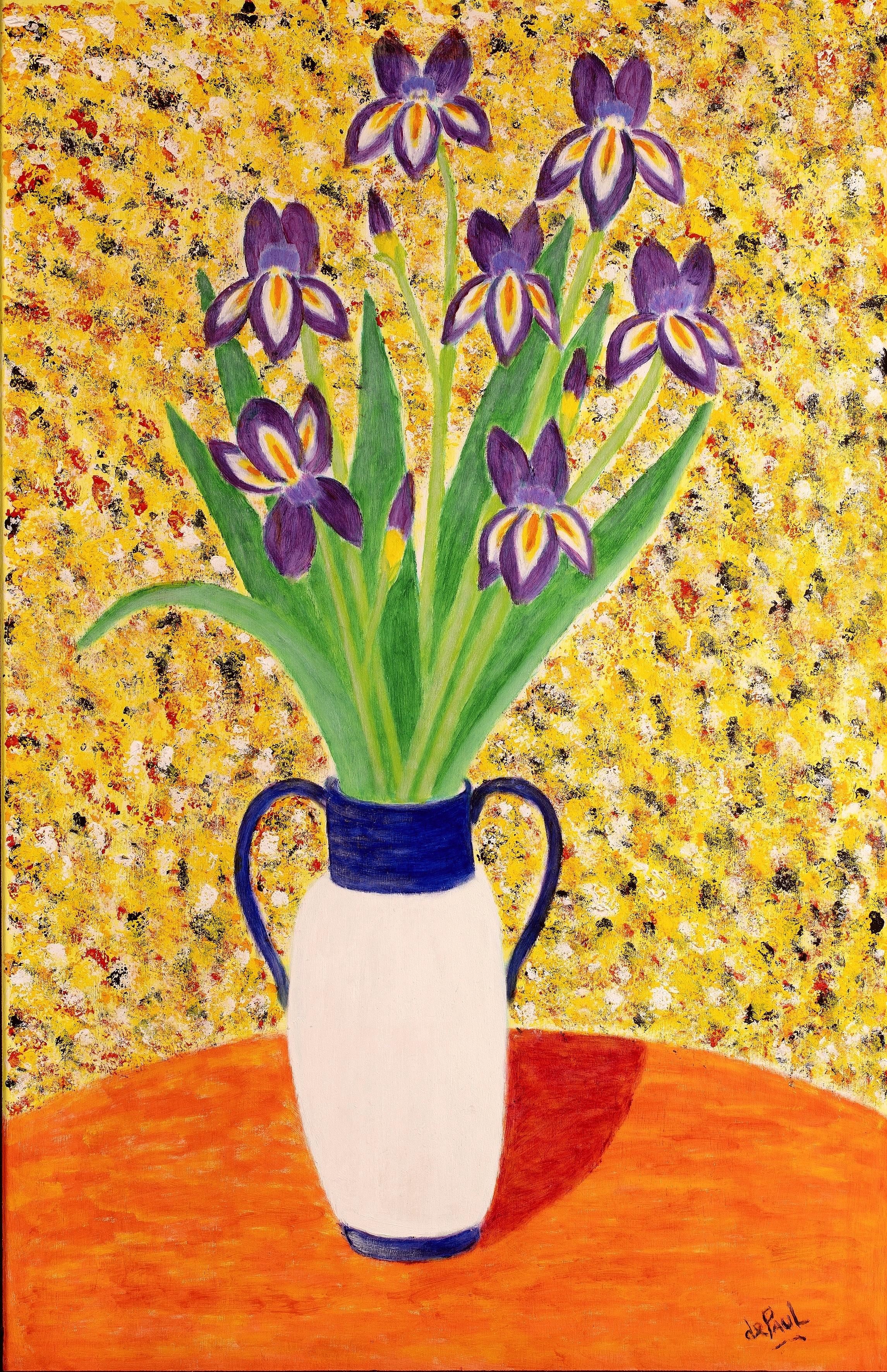 Iris in una brocca - Grande dipinto a olio post impressionista francese della metà del XX secolo - Painting di Jean de Paul