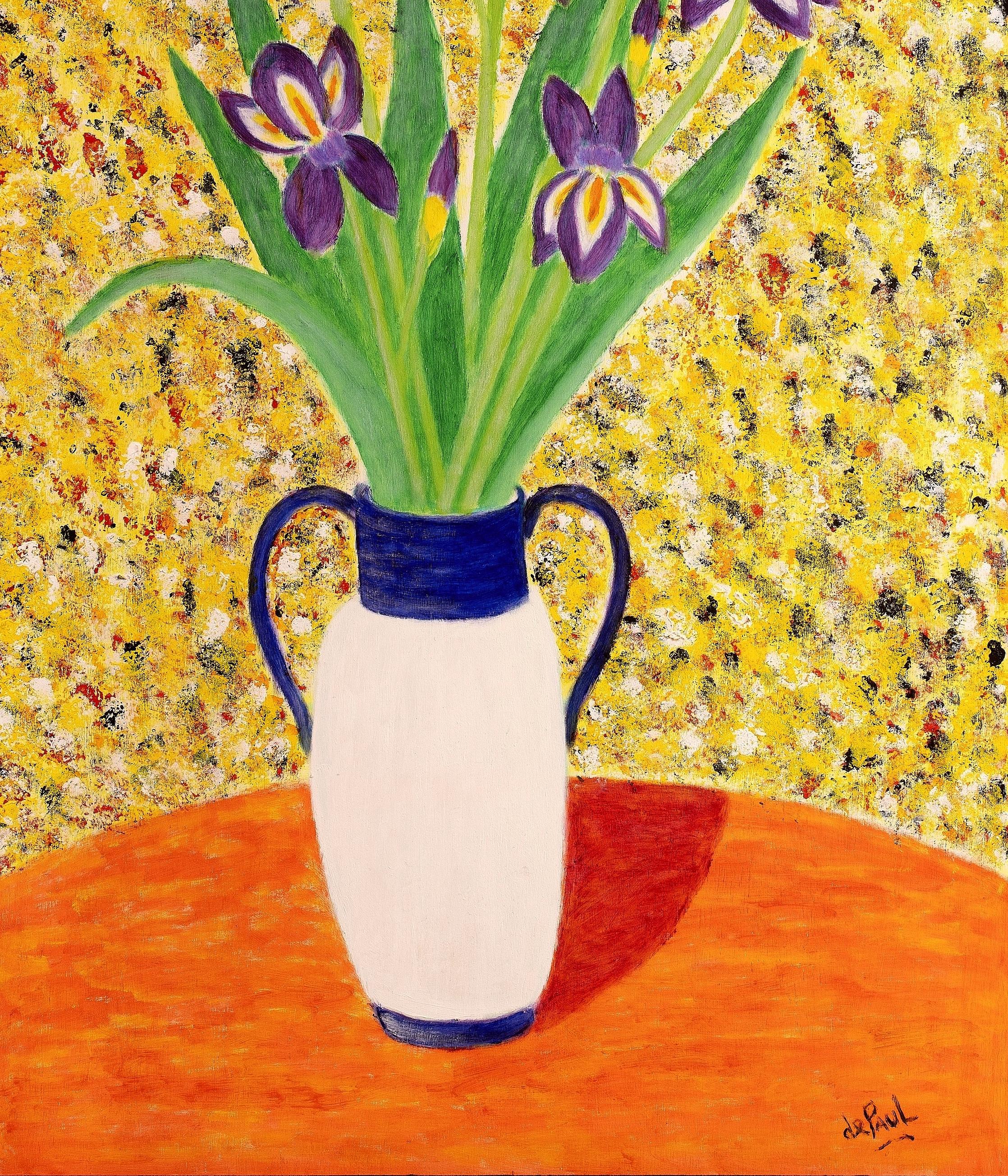 Iris in una brocca - Grande dipinto a olio post impressionista francese della metà del XX secolo - Still-Life Painting Marrone di Jean de Paul
