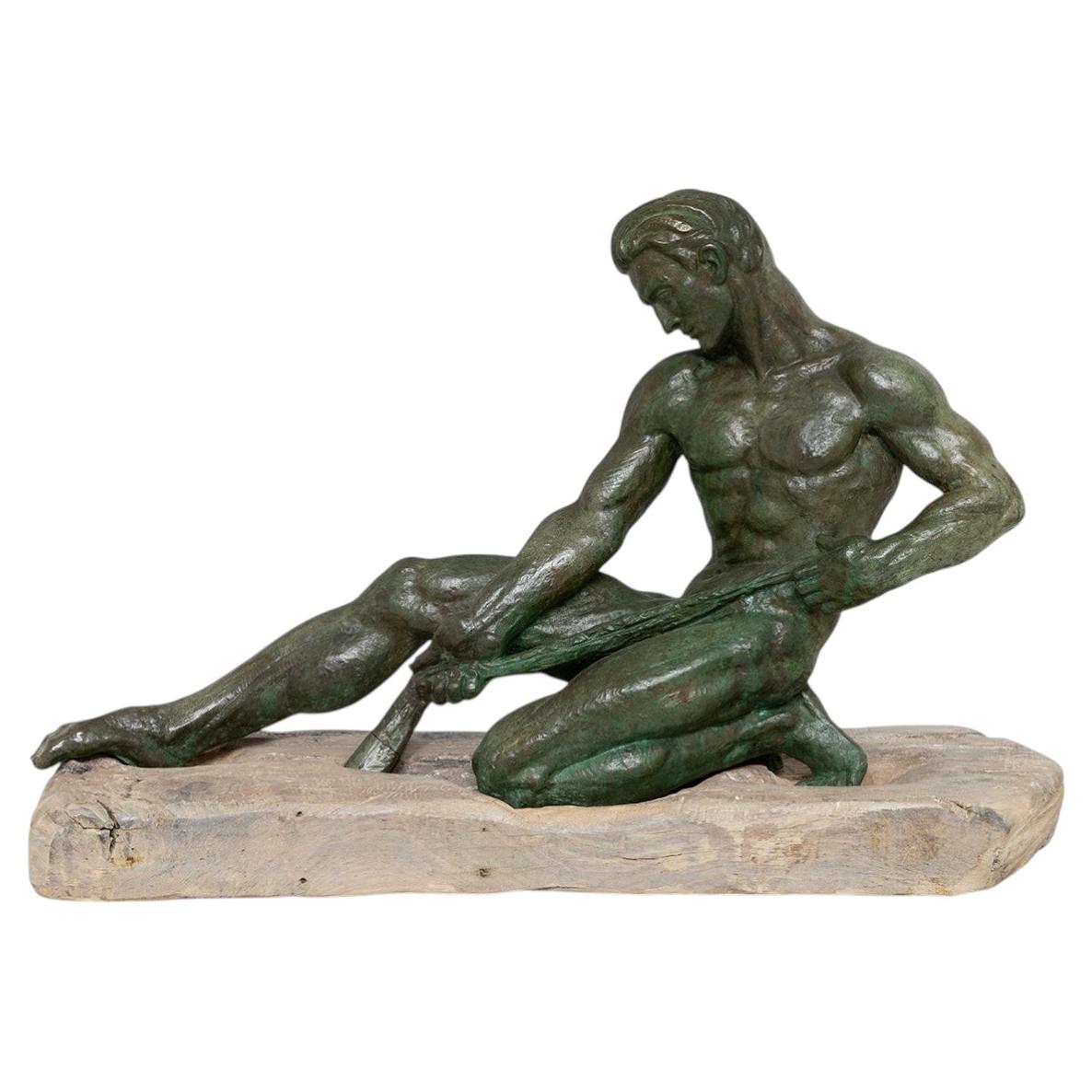 Jean de Roncourt (1869–1937) Art Deco Patinated Bronze Sculpture of a Male Figur