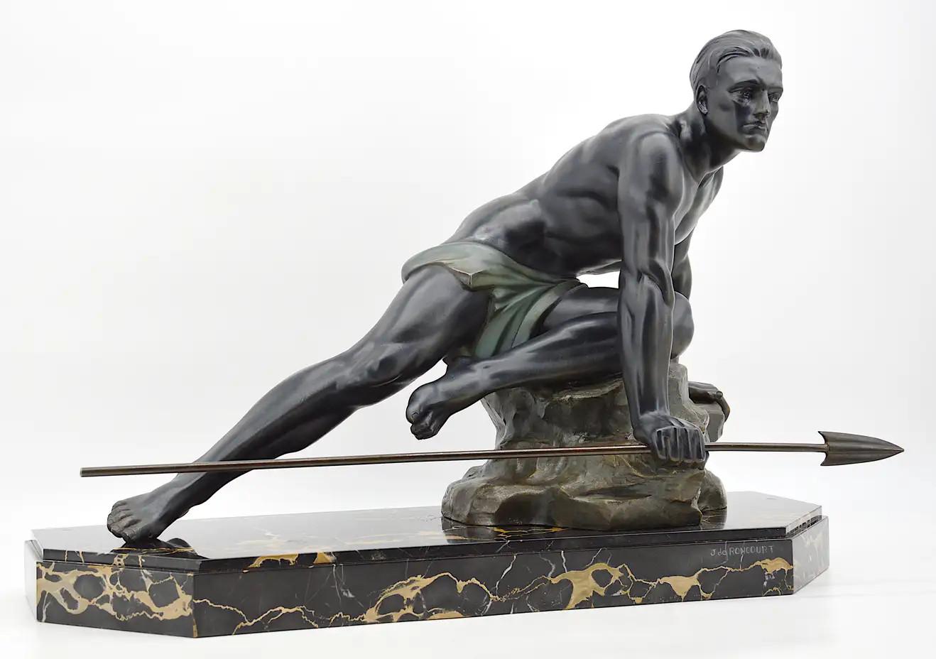 Early 20th Century Jean de Roncourt French Art Deco Hunter Sculpture, circa 1925