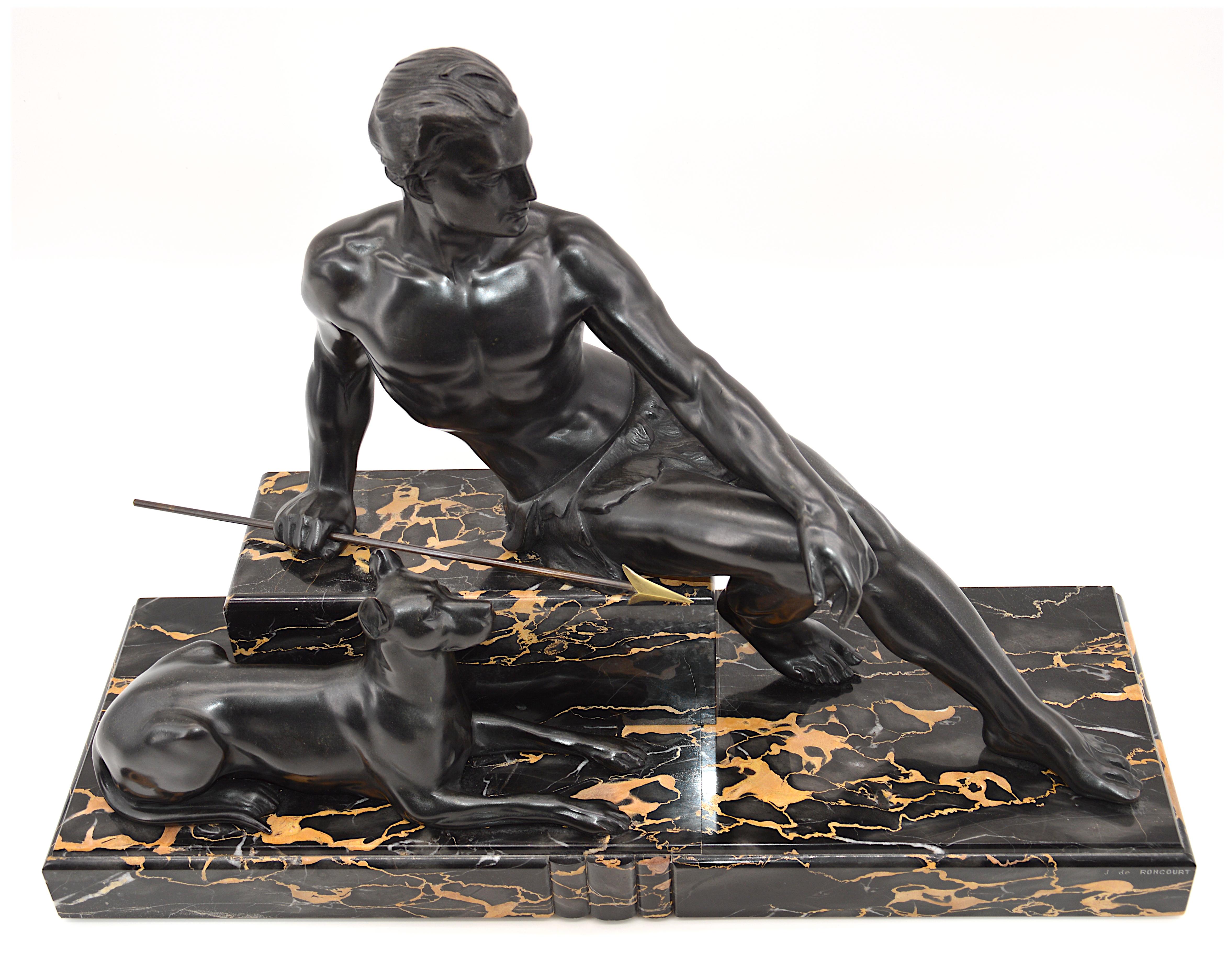 Jean de Roncourt French Art Deco Sculpture Hunter with his German Mastiff, 1925 In Good Condition In Saint-Amans-des-Cots, FR