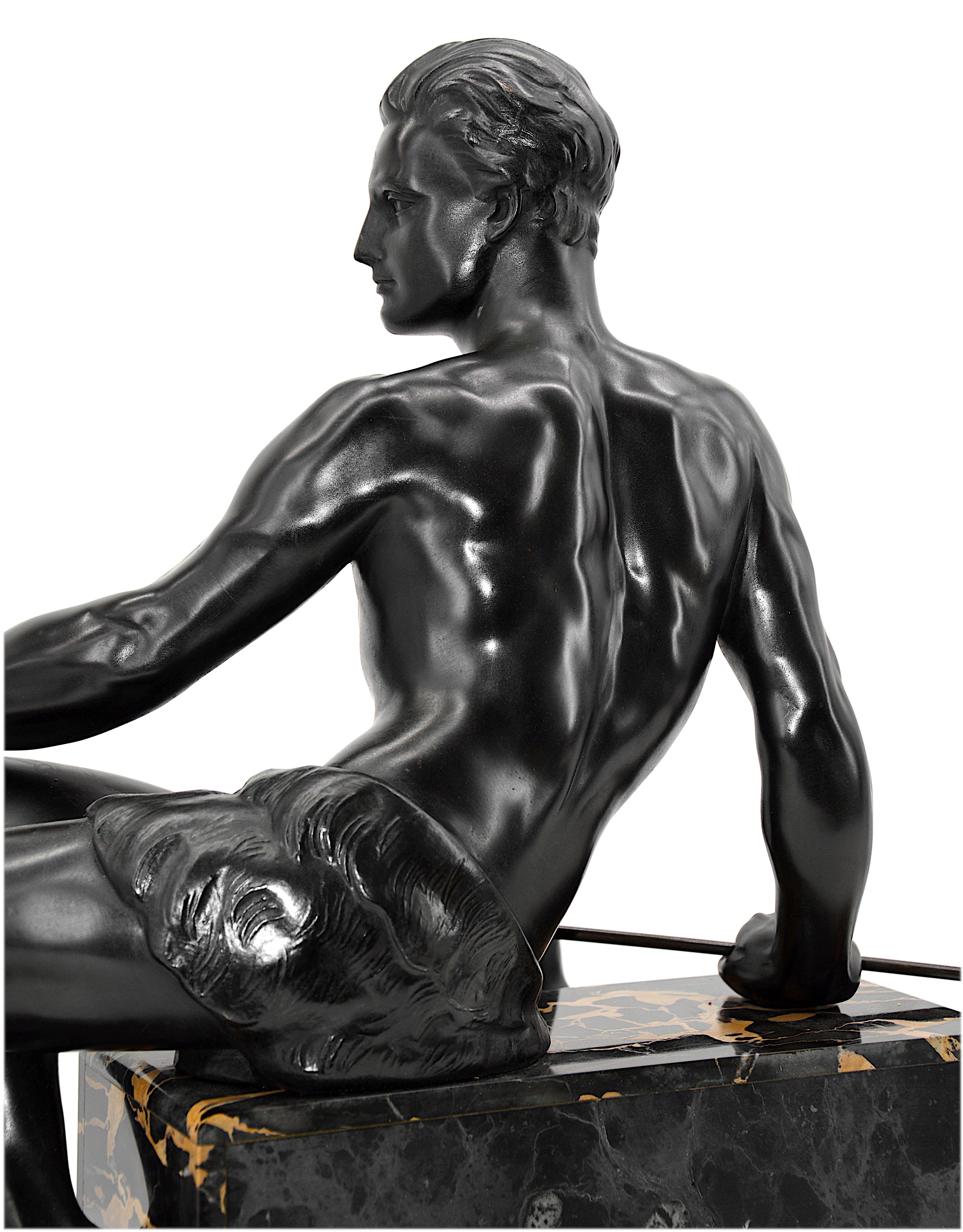 Early 20th Century Jean de Roncourt French Art Deco Sculpture Hunter with his German Mastiff, 1925