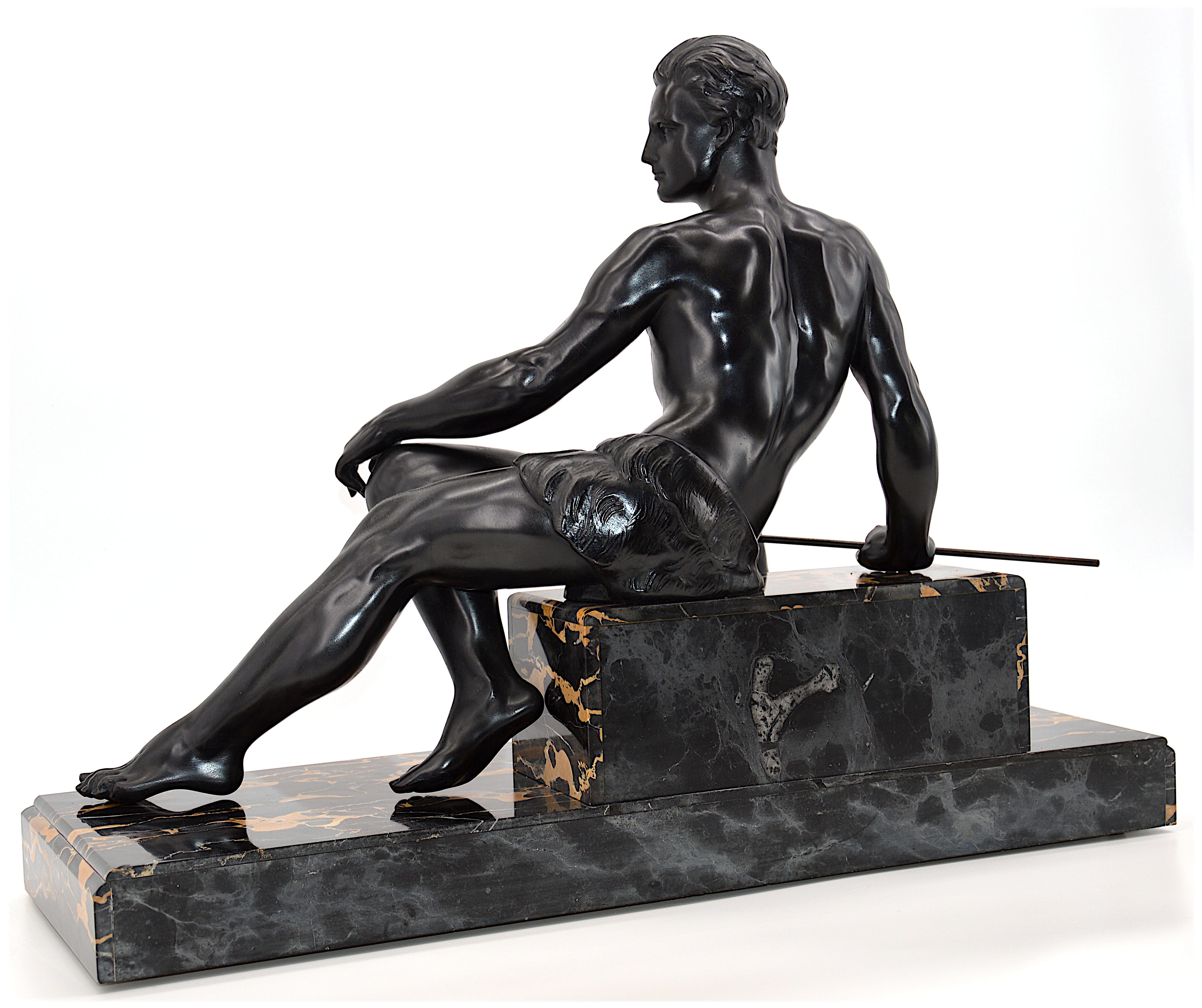Spelter Jean de Roncourt French Art Deco Sculpture Hunter with his German Mastiff, 1925