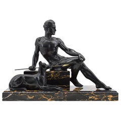 Jean de Roncourt Sculpture Art Déco française Chasseur avec son Mastiff allemand:: 1925