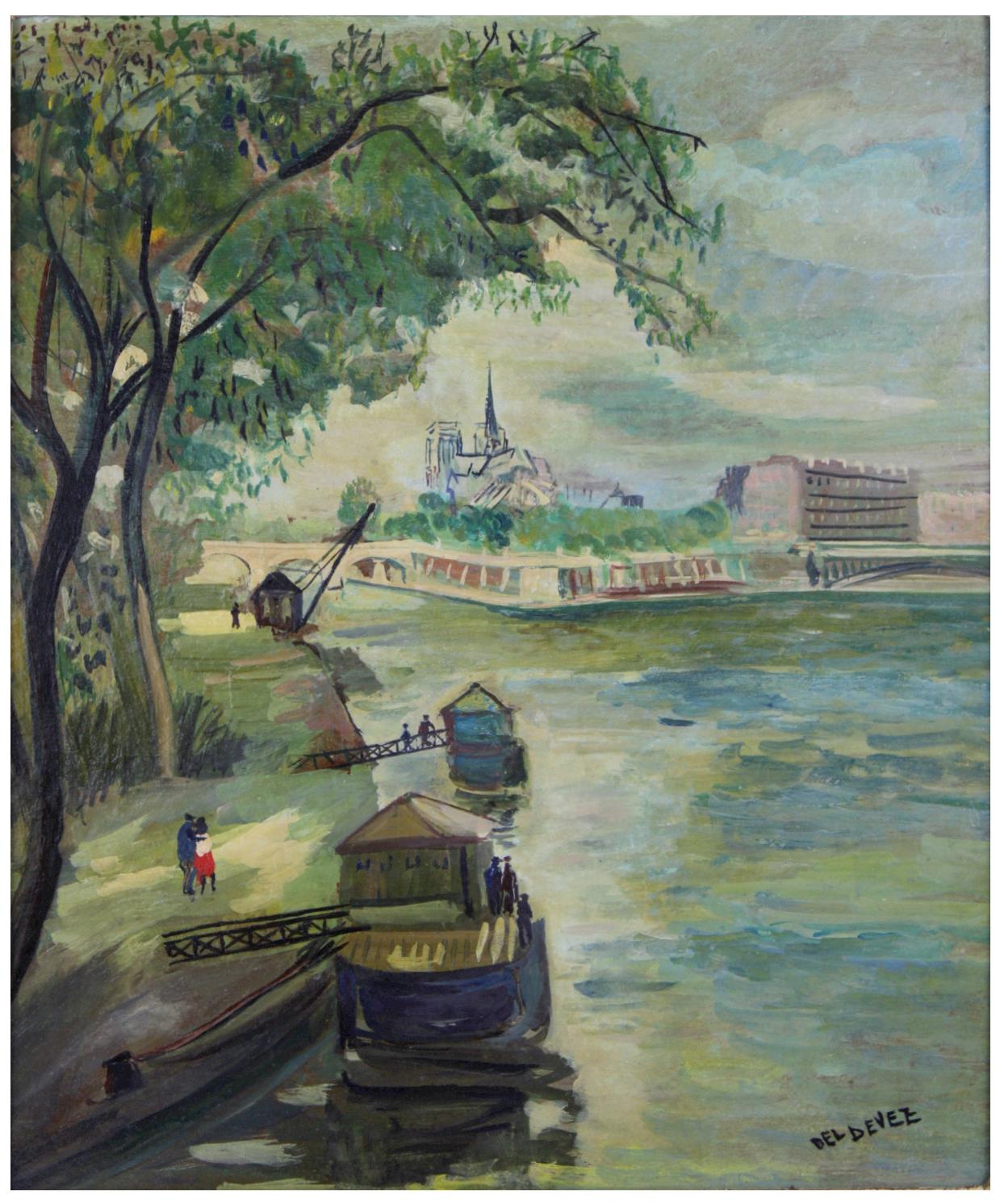 Originales Ölgemälde „La Seine in Paris“, Französisch-impressionistisches Stil, signiert – Painting von Jean Deldevez