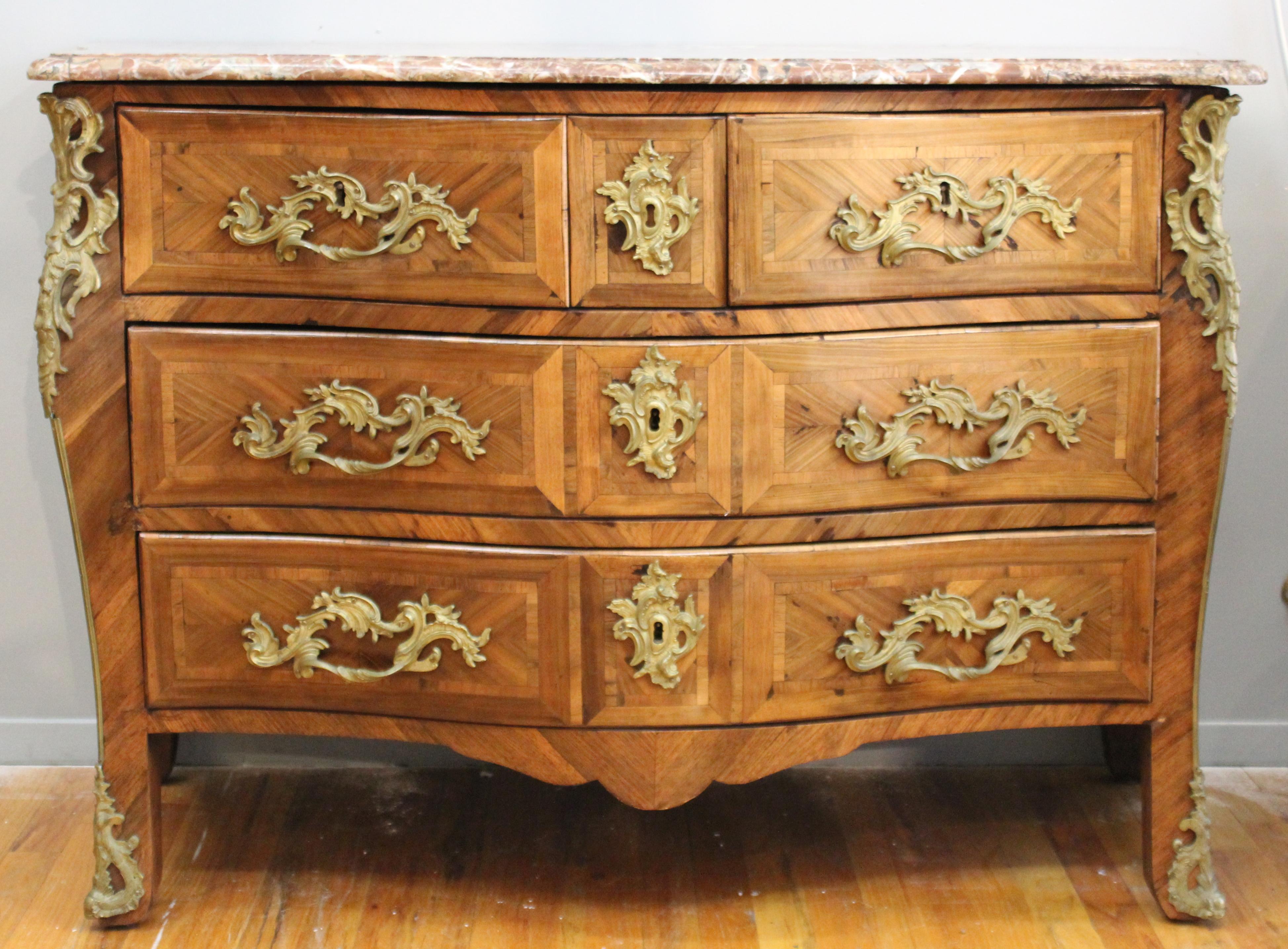Gilt Jean Demoulin French Louis XV 'Commode A Tombeau' Chest of Drawers
