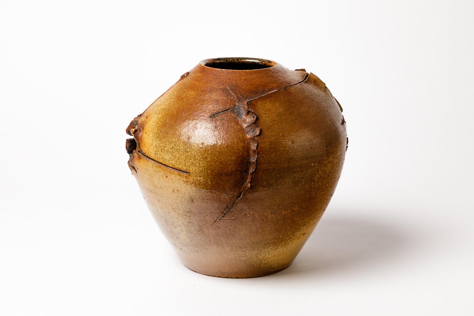 French Jean Derval Stoneware Ceramic Sculpture Vase 1950 Brown Color, 20th Century For Sale
