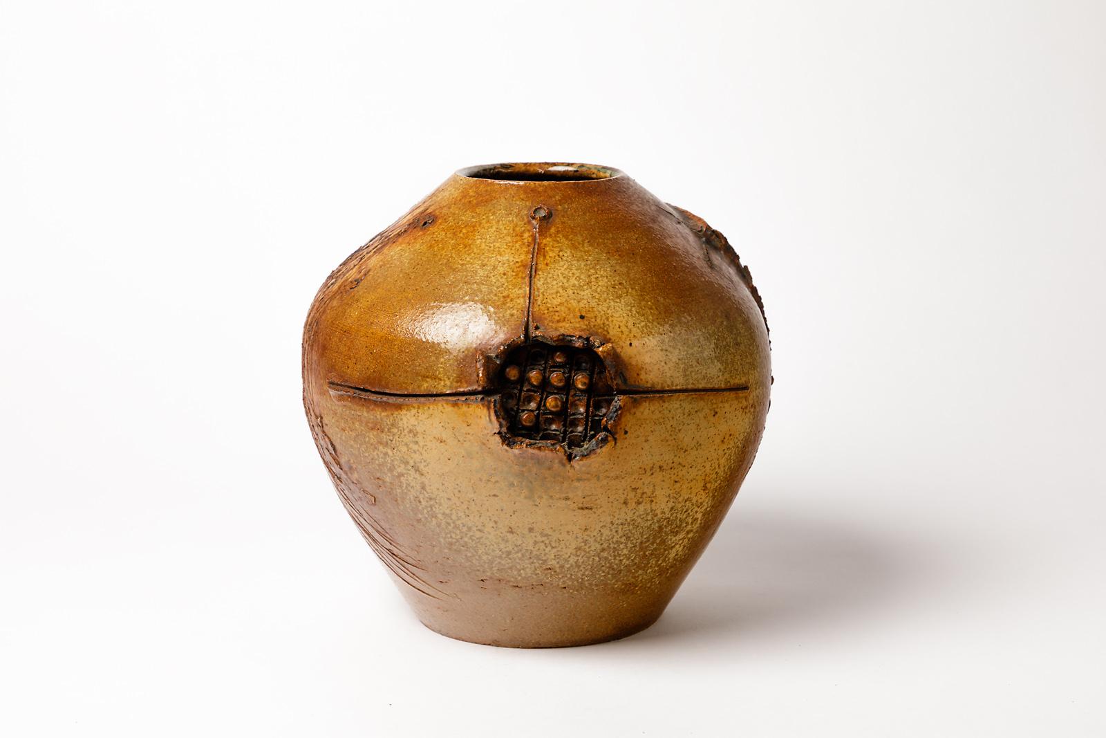 Jean Derval Stoneware Ceramic Sculpture Vase 1950 Brown Color, 20th Century For Sale 2