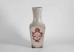 Jean Derval, White Ceramic Vase with Red Motif, France, C. 1960
