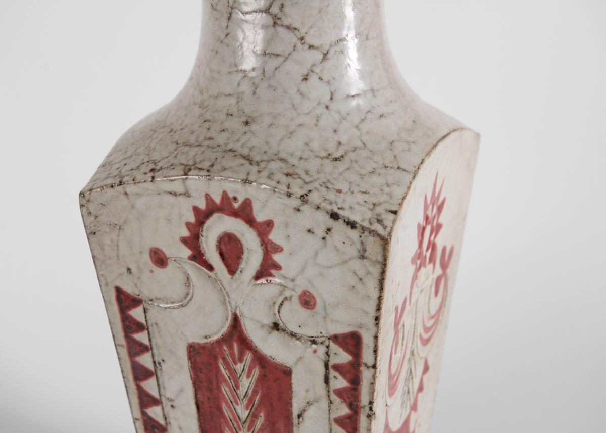Mid-Century Modern Jean Derval, White Ceramic Vase with Red Motif, France, C. 1960 For Sale