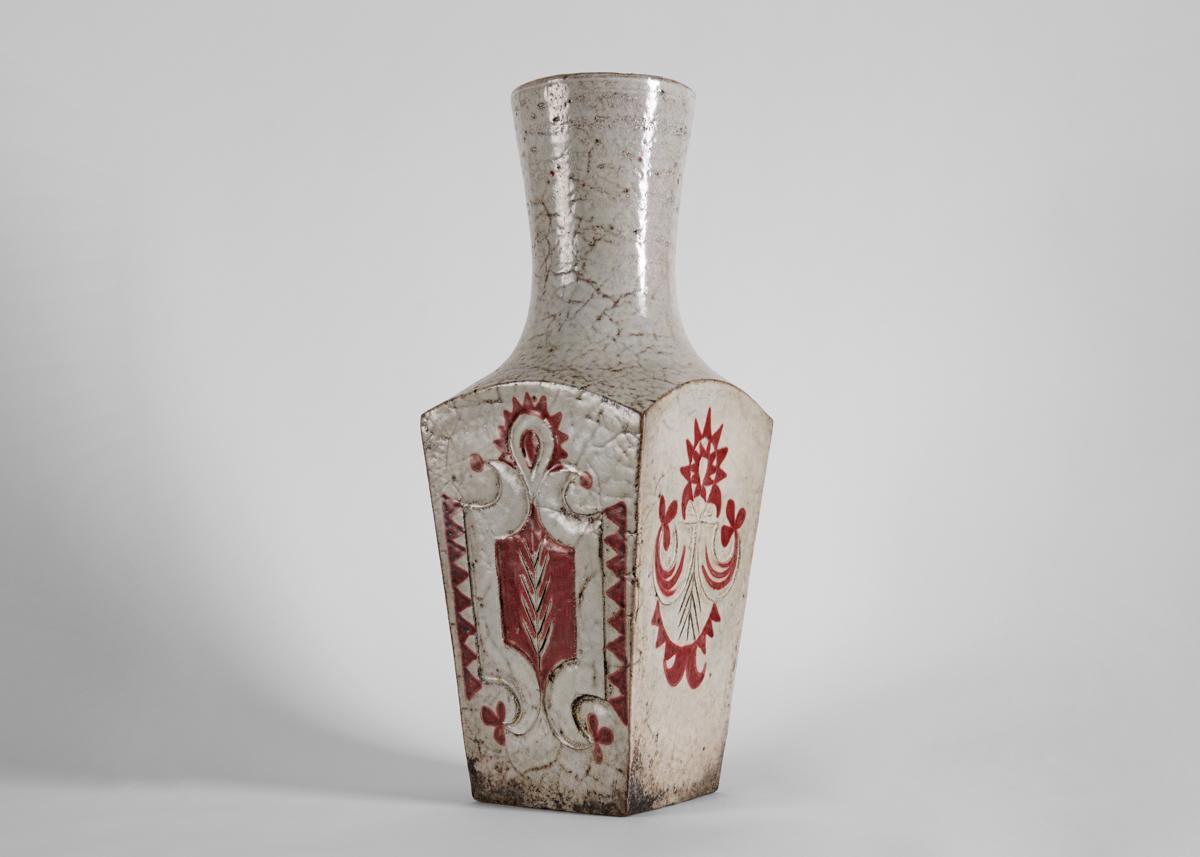 Jean Derval, White Ceramic Vase with Red Motif, France, C. 1960 In Good Condition For Sale In New York, NY