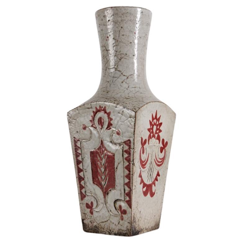 Jean Derval, White Ceramic Vase with Red Motif, France, C. 1960 For Sale