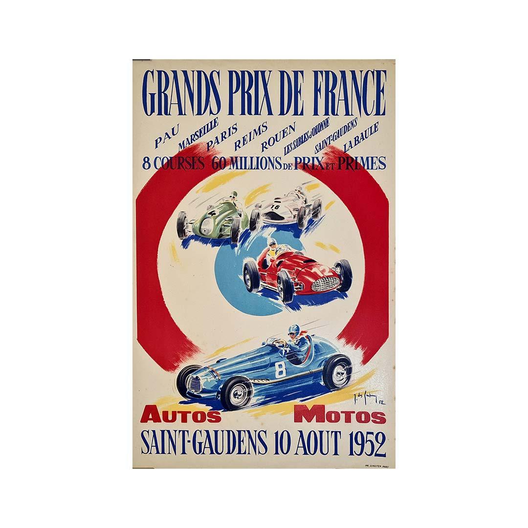 Dieses dynamische und lebendige Original-Rennplakat des französischen Künstlers J. Des Gachons aus dem Jahr 1952 fängt den hochoktanigen Geist des französischen Nachkriegsmotorsports ein. Die Veranstaltung wurde zur Förderung der Grands Prix de
