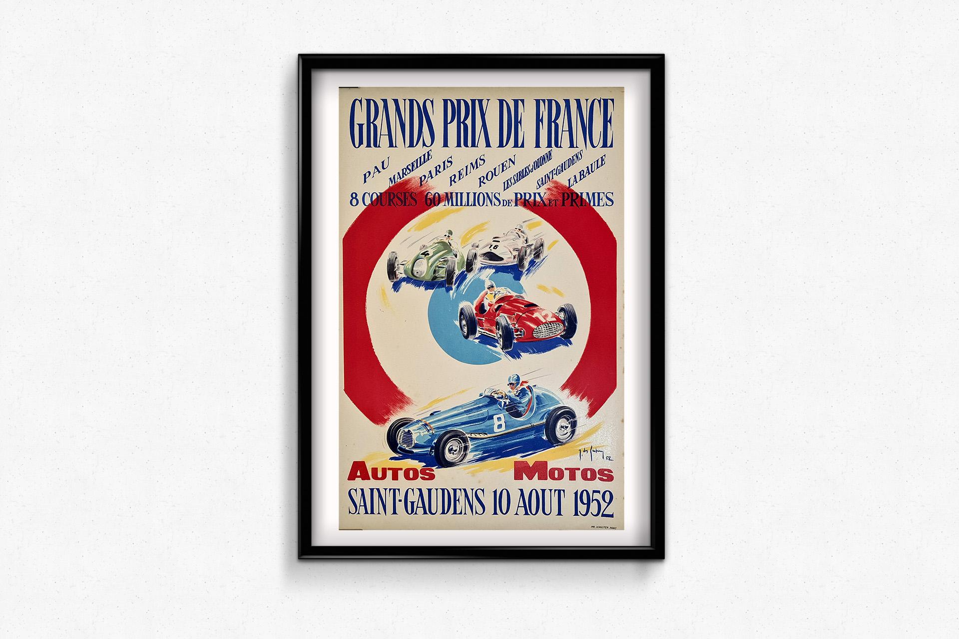 Original-Rennplakat von Des Gachons aus dem Jahr 1952 für den Grands Prix de France im Angebot 2