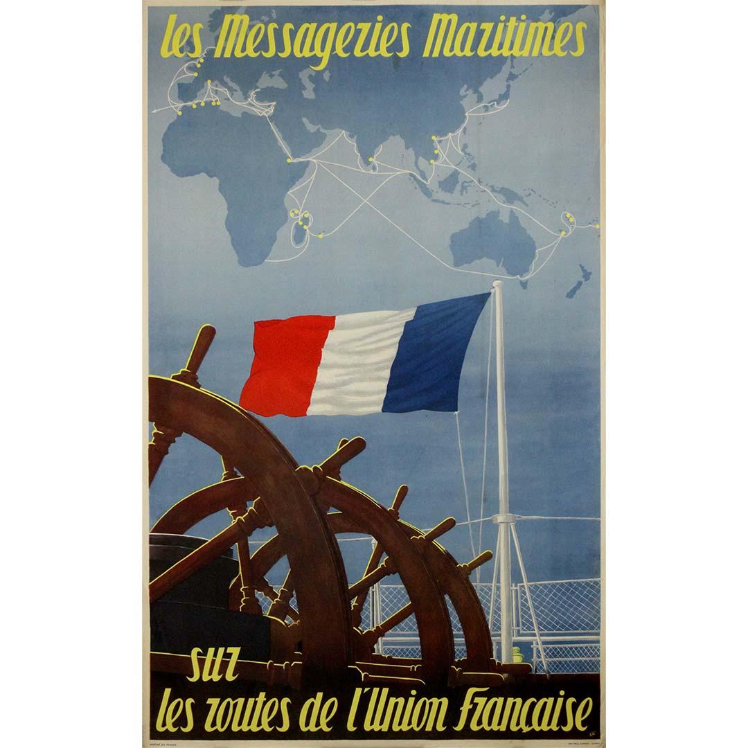 Questo poster marittimo originale di Jean Steeleux, risalente al 1950, è allo stesso tempo una mappa e un manifesto: una visione elegante e autorizzata dallo Stato di una Francia legata ai suoi territori lontani dal mare, dall'acciaio e