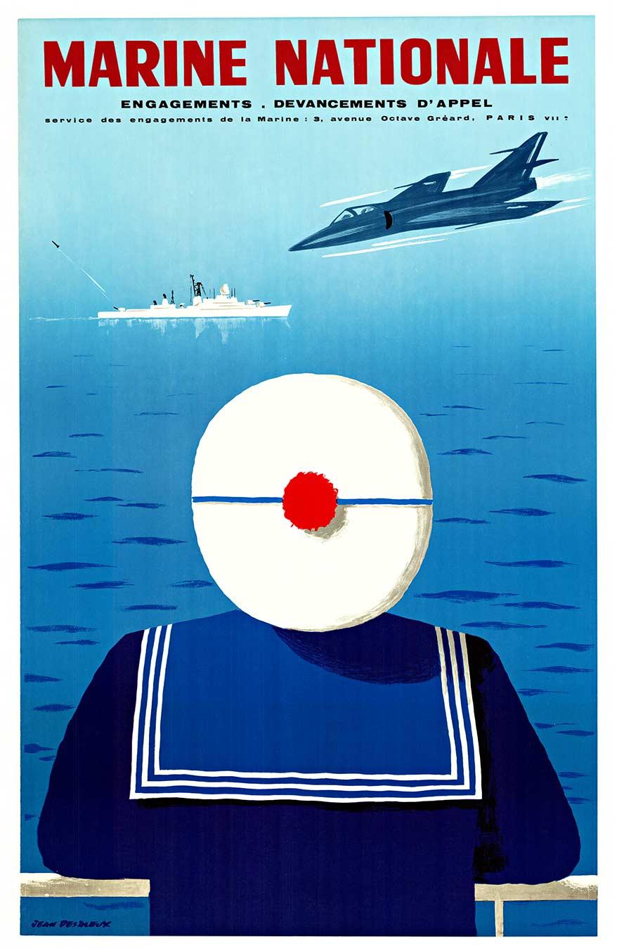 Cartel original, Marine Nationale.  Engagements, devancements d'appel.  Servicio de Compromisos de la Marina:  3, avenue Octave Greard, París VII   